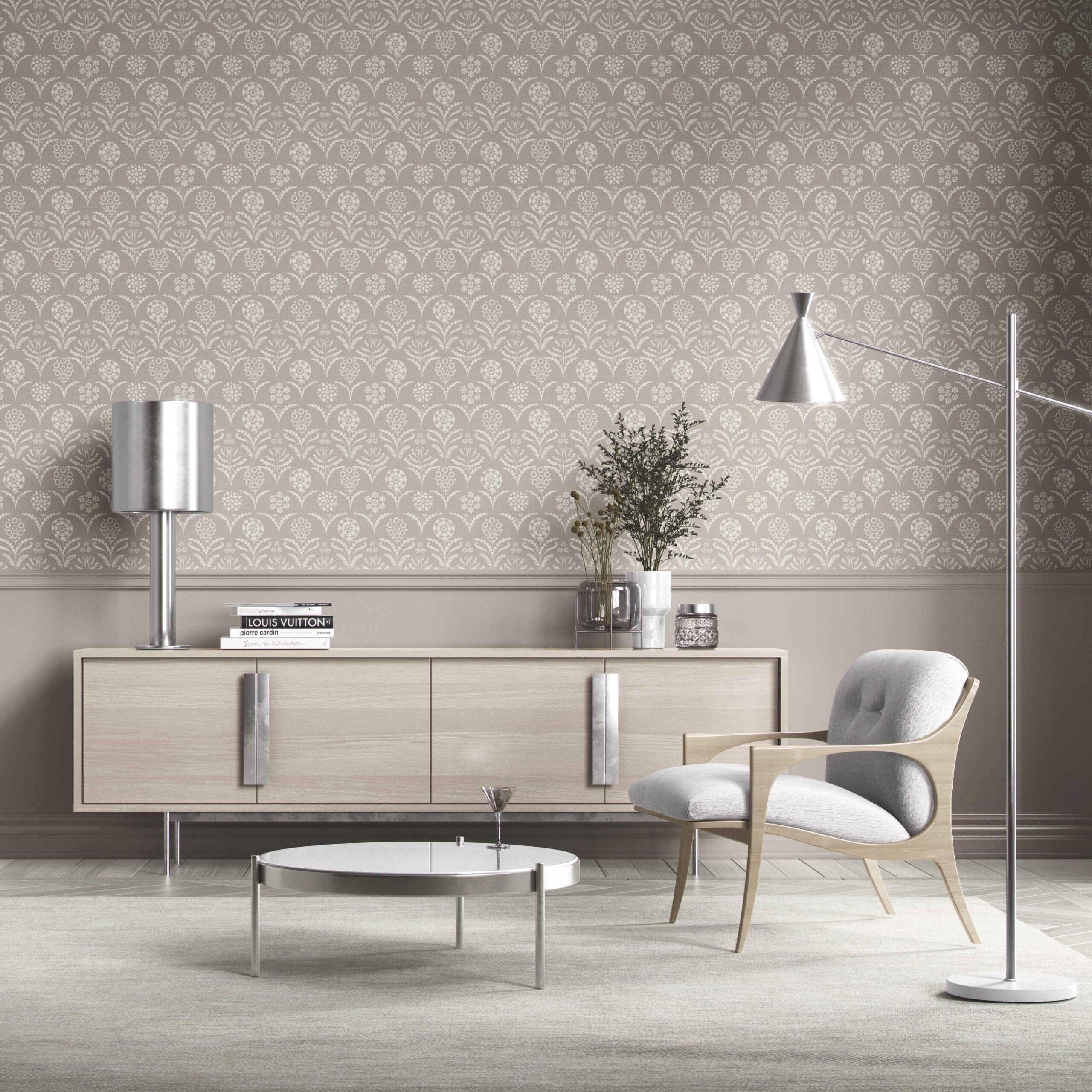 Modern Neural-Toned Floral/ Botanical Kitchen Wallpaper (Warm Gray/ Greige/ White)