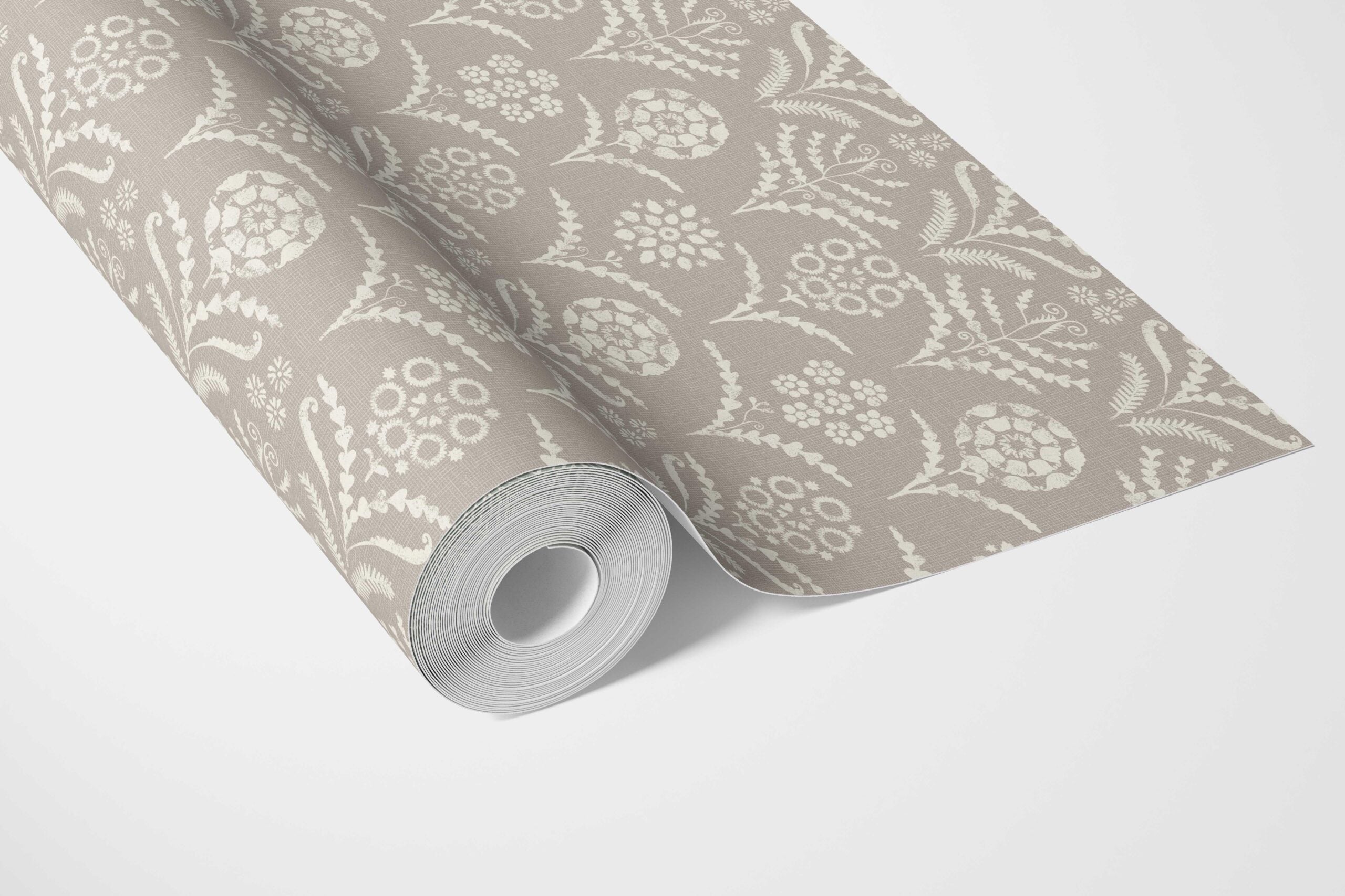 Modern Neural-Toned Floral/ Botanical Bathroom Wallpaper Sample (Warm Gray/ Greige/ White)
