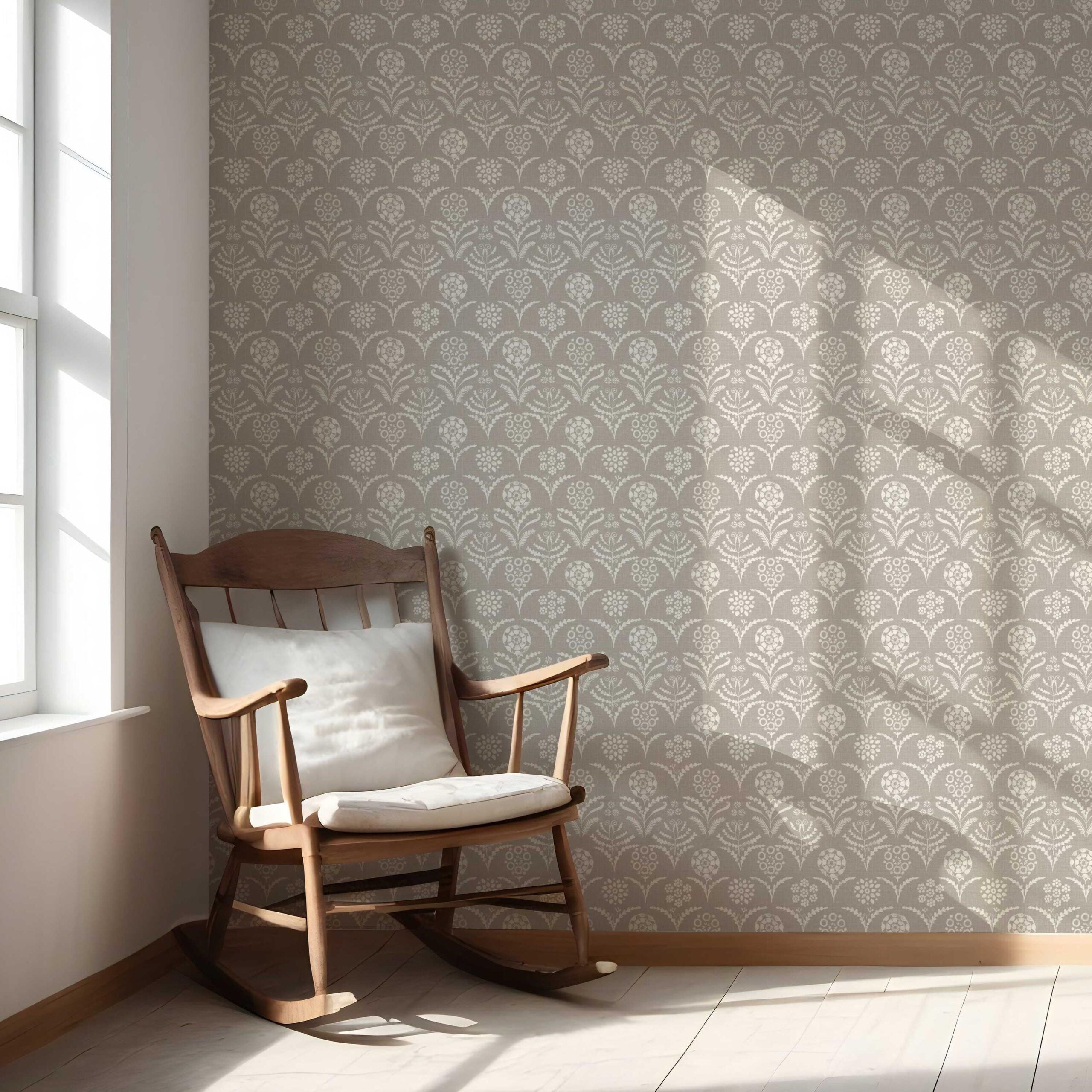 Modern Neural-Toned Floral/ Botanical Nursery Wallpaper (Warm Gray/ Greige/ White)
