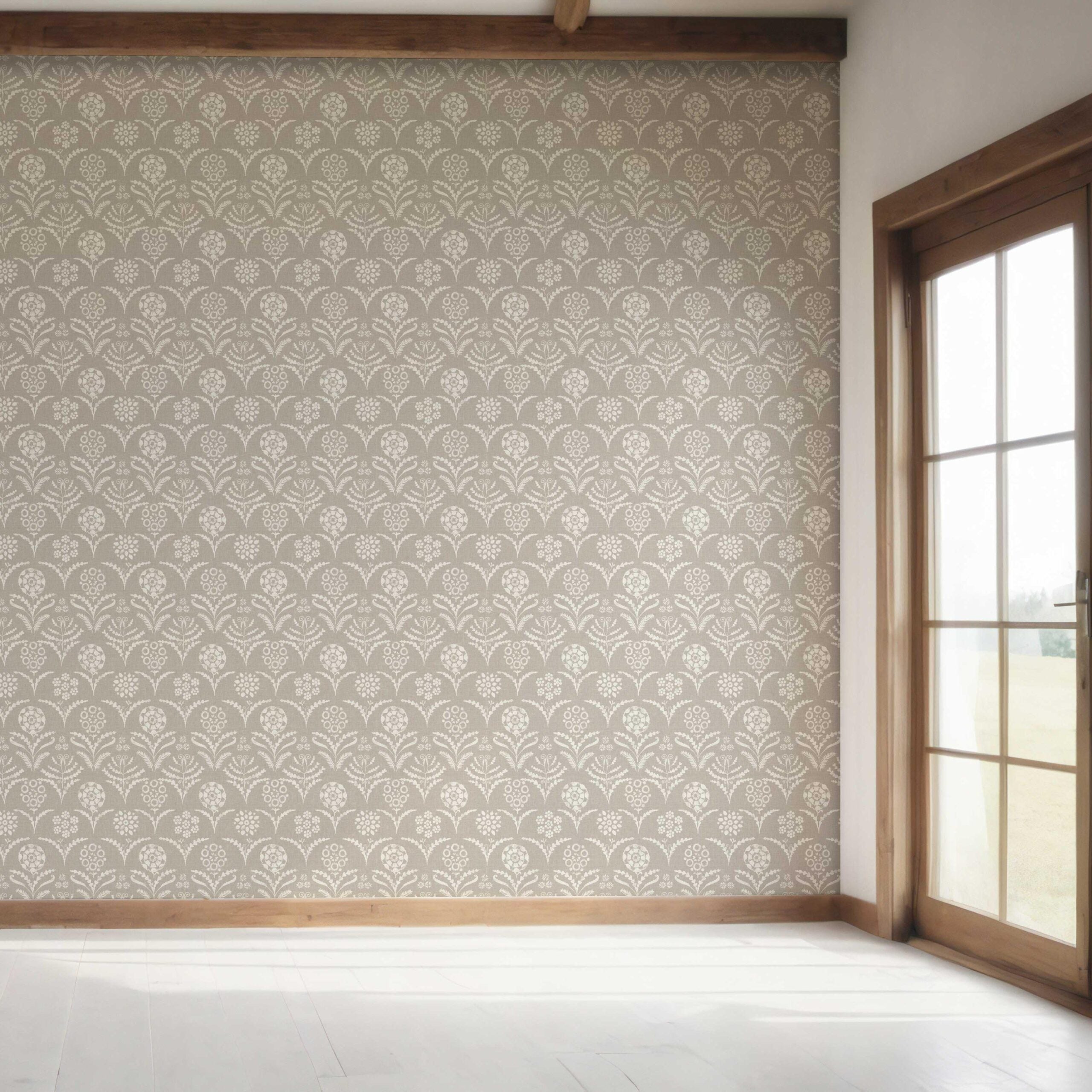 Modern Neural-Toned Floral/ Botanical Bedroom Wallpaper Sample (Warm Gray/ Greige/ White)