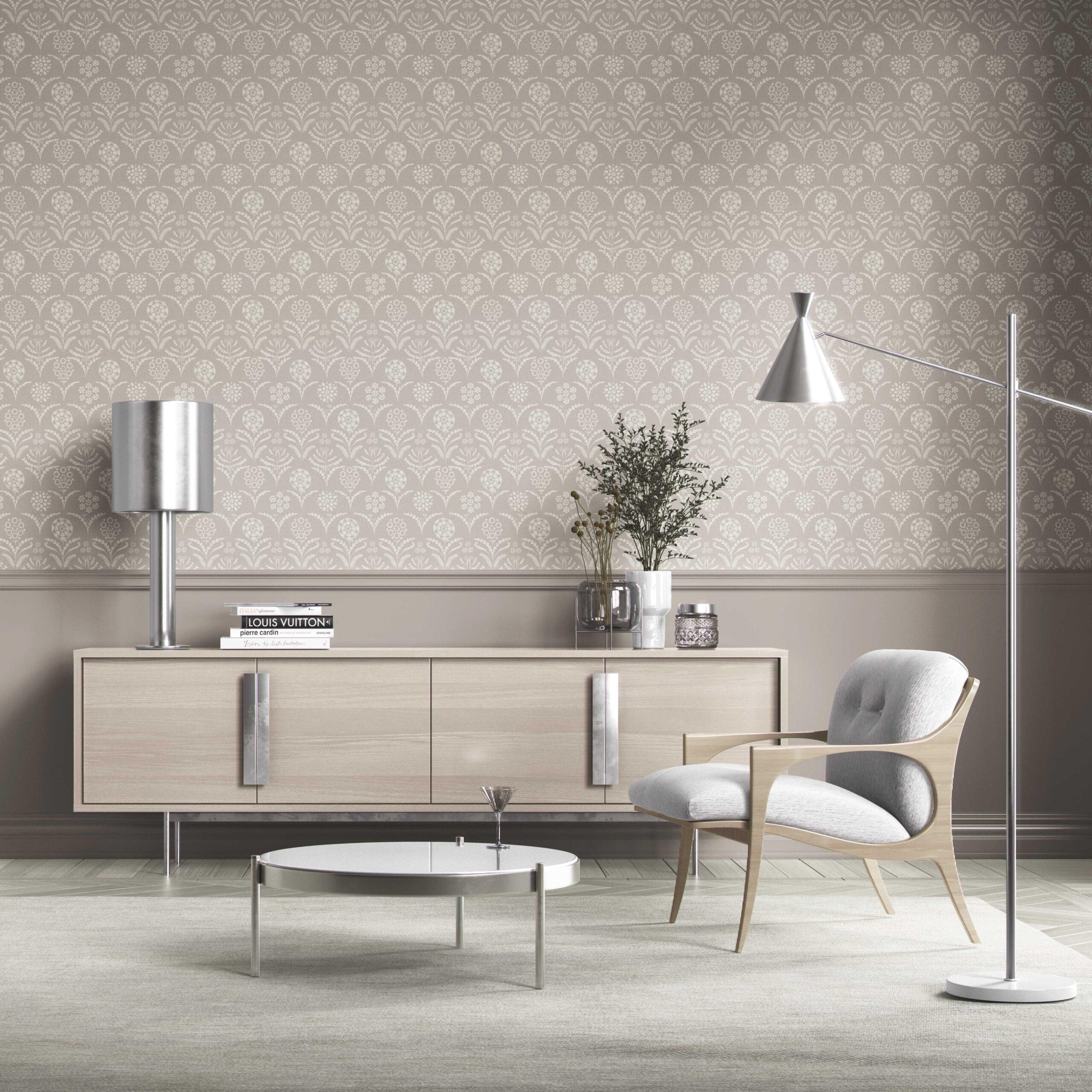 Modern Neural-Toned Floral/ Botanical Kitchen Wallpaper (Gray/ Taupe)