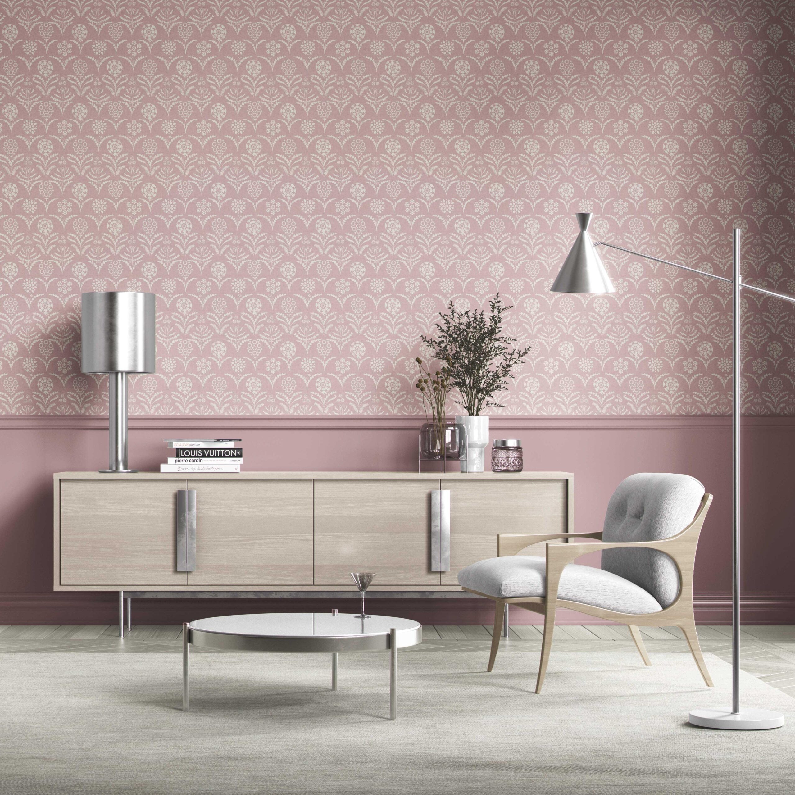 Modern Floral Botanical Nursery Wallpaper Sample (Pink/ White)
