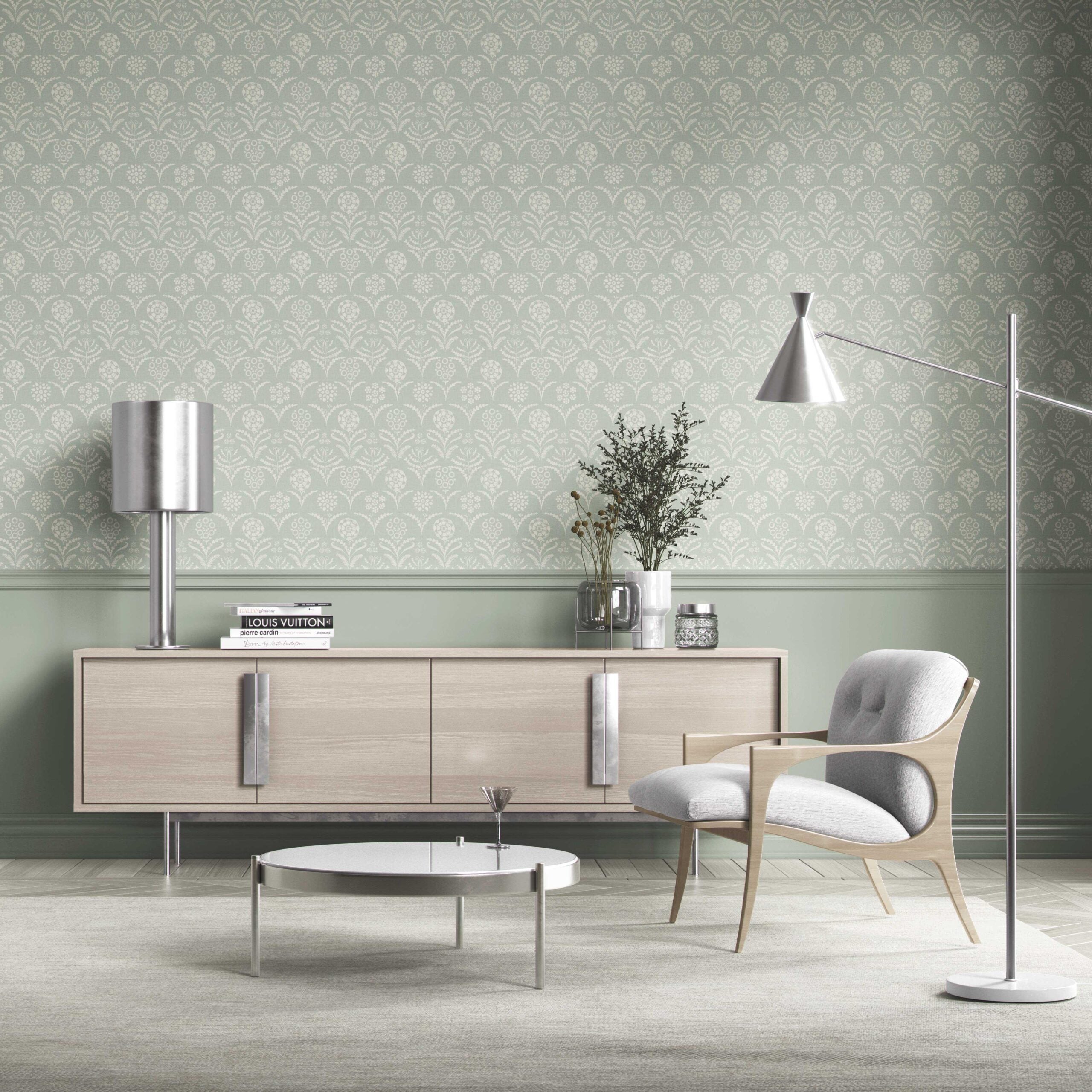 Modern Floral Botanical Kitchen Wallpaper Sample (Pastel Blue)