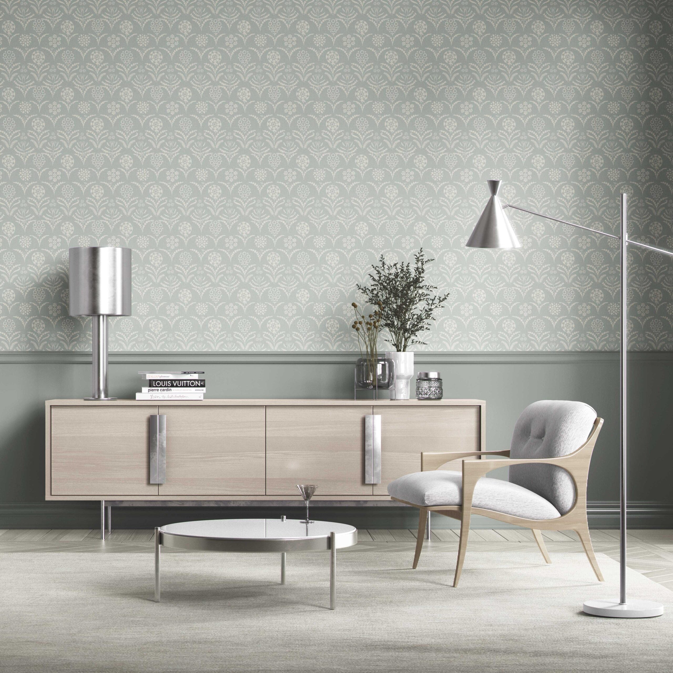 Modern Floral Botanical Nursery Wallpaper Sample (Duck Egg Blue/ White)