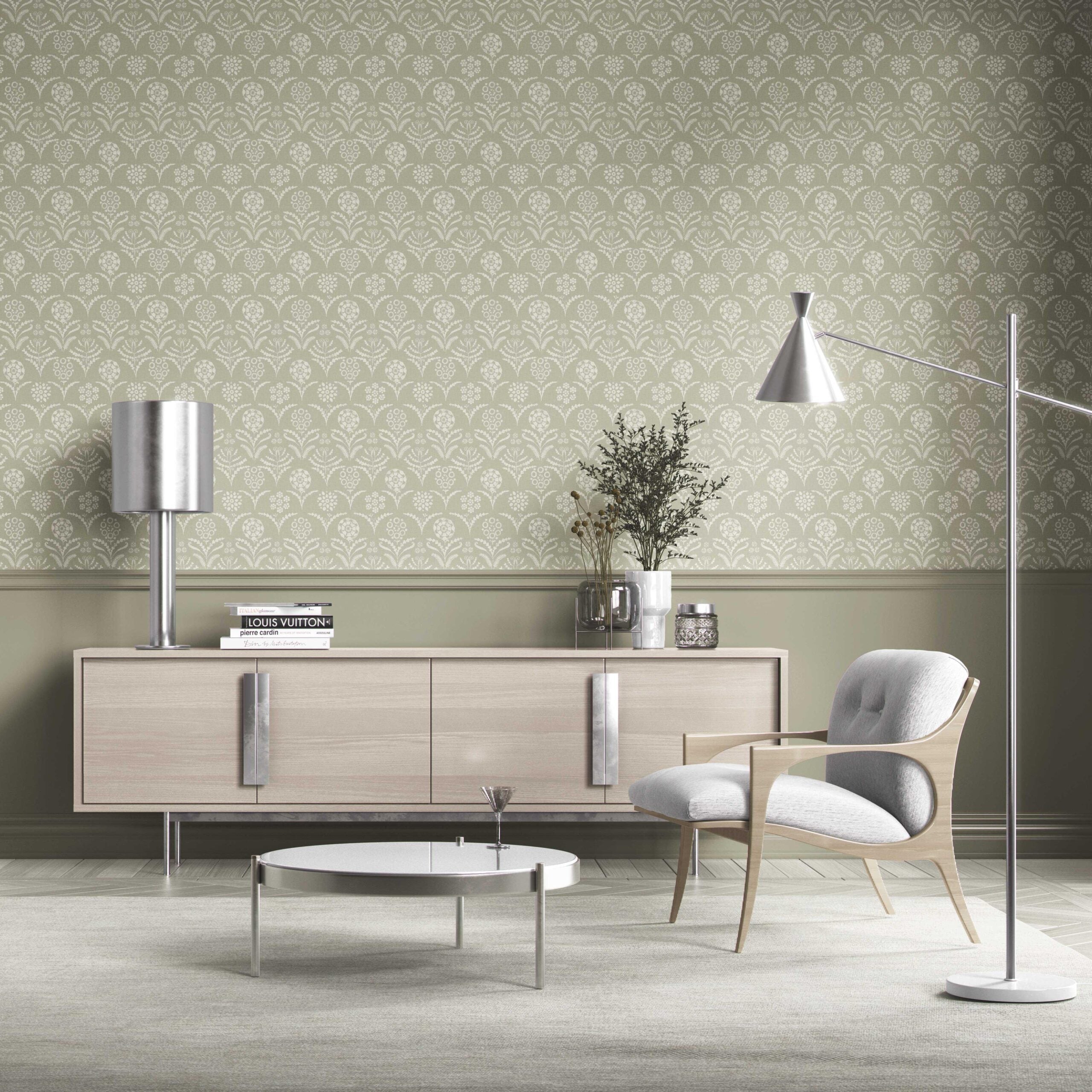 Modern Floral Botanical Kitchen Wallpaper (Light Olive Green)