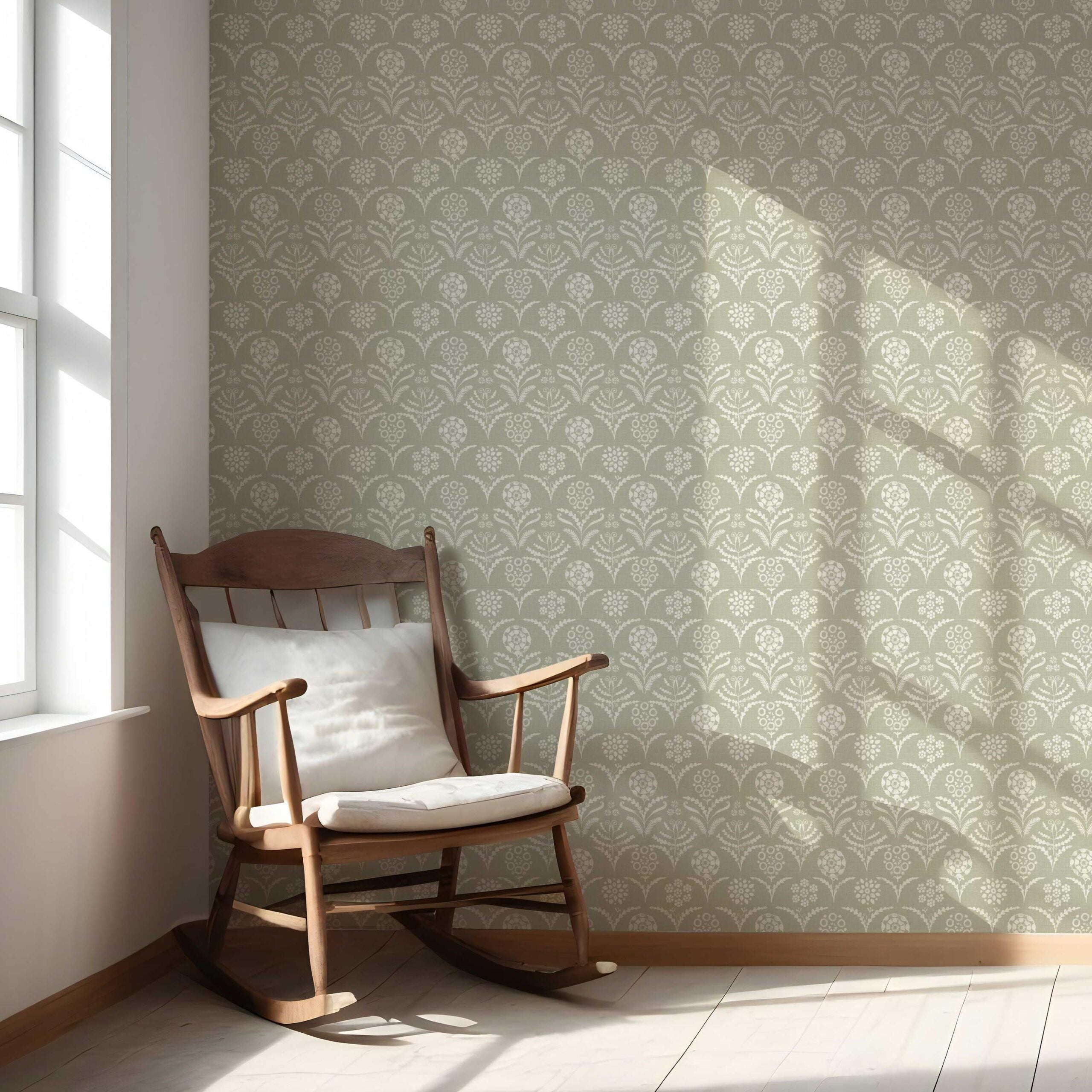 Modern Floral Botanical Nursery Wallpaper (Light Olive Green)