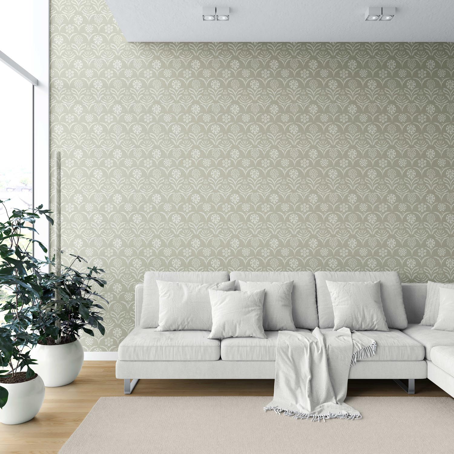 Modern Floral Botanical Shower Toilet Wallpaper (Light Olive Green)