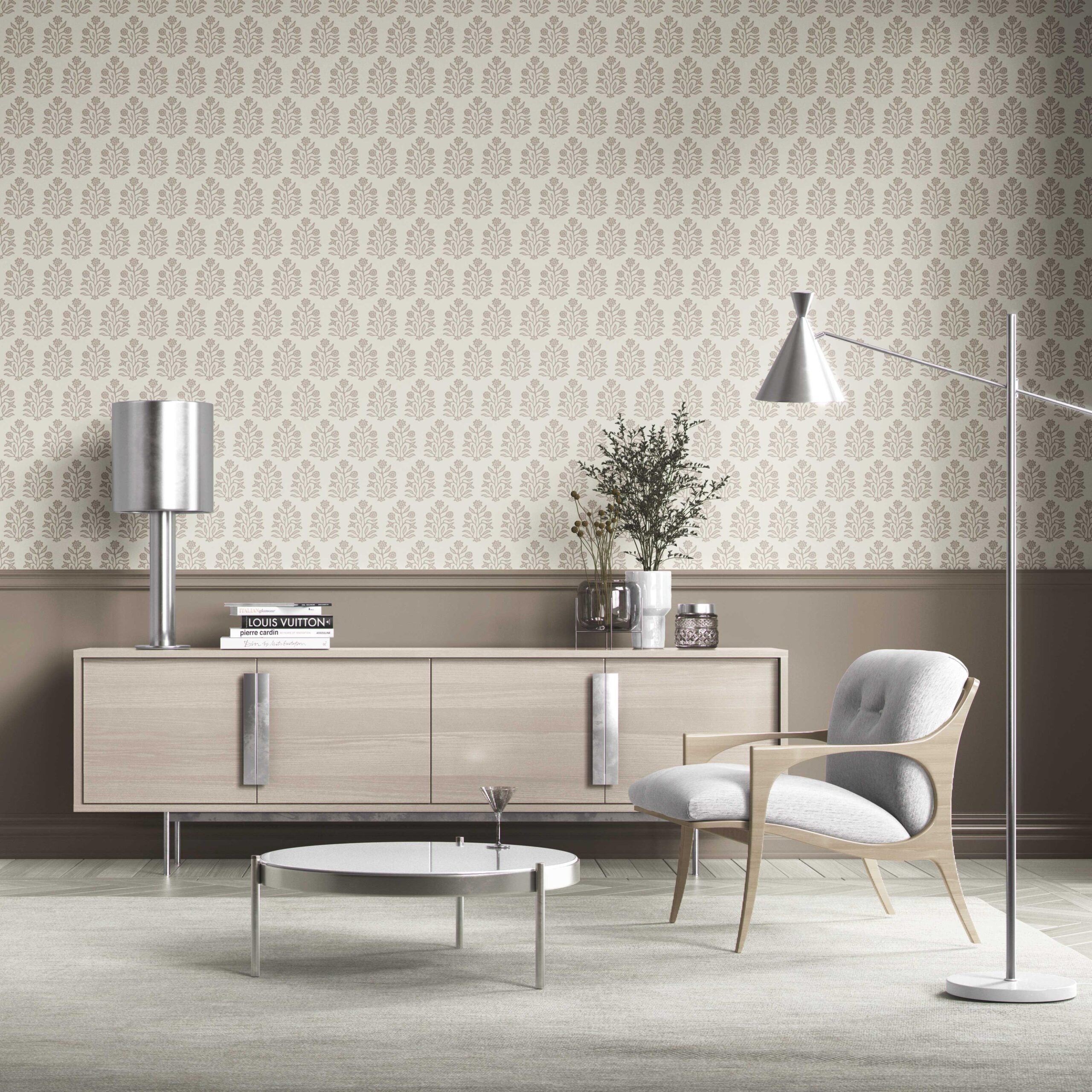 Vintage-Inspired Floral Block Print Kitchen Wallpaper (Cream/ Beige/ Greige)
