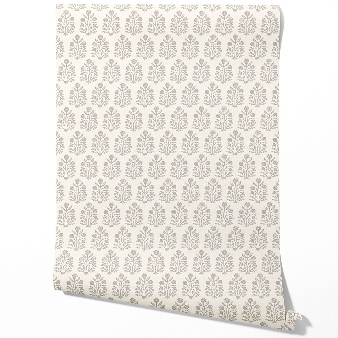 Neutral-Toned Botanical Floral Block Print Traditional Wallpaper Sample (Cream/ Gray/ Greige)