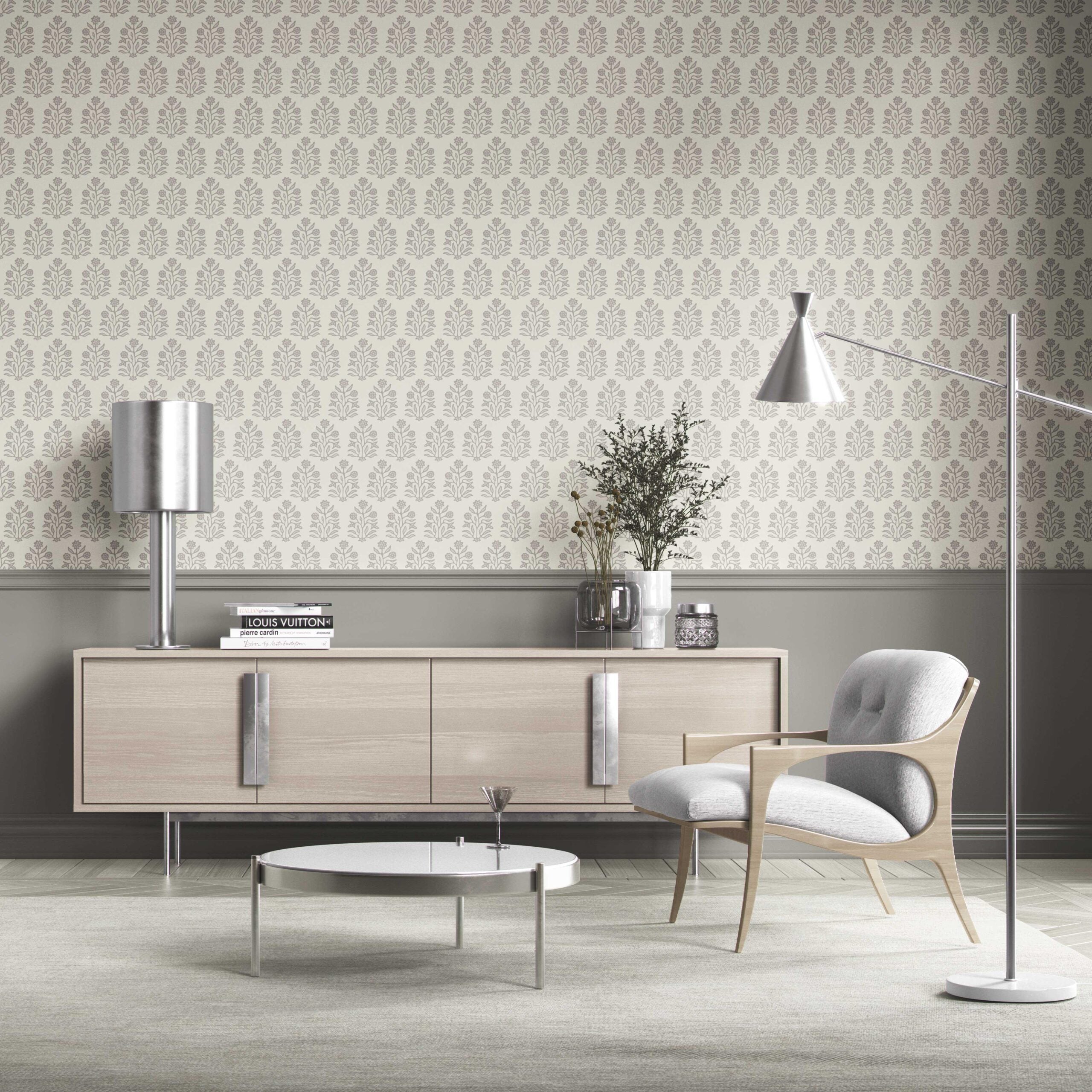 Neutral-Toned Botanical Floral Block Print Kitchen Wallpaper Sample (Cream/ Gray/ Greige)