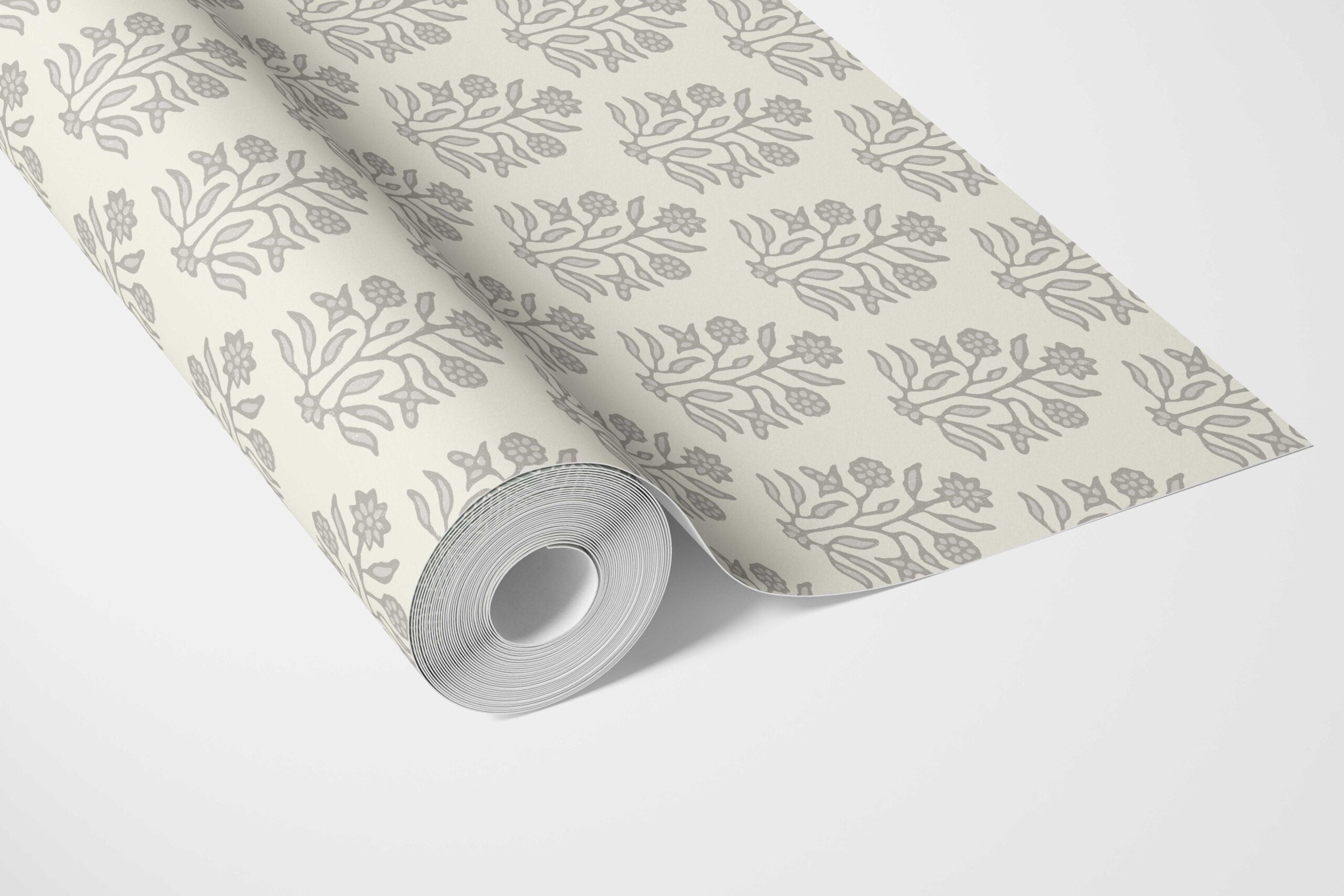 Neutral-Toned Botanical Floral Block Print Bathroom Wallpaper Sample (Cream/ Gray/ Greige)