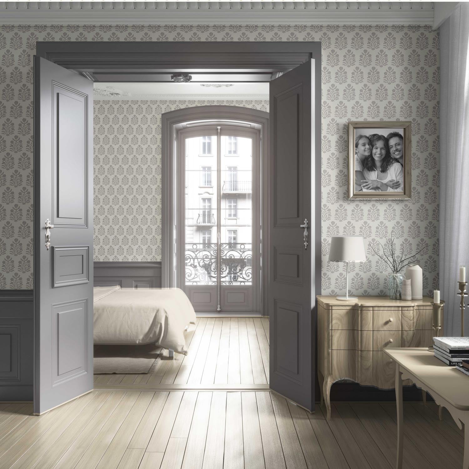 Neutral-Toned Botanical Floral Block Print Living Room Wallpaper Sample (Cream/ Gray/ Greige)