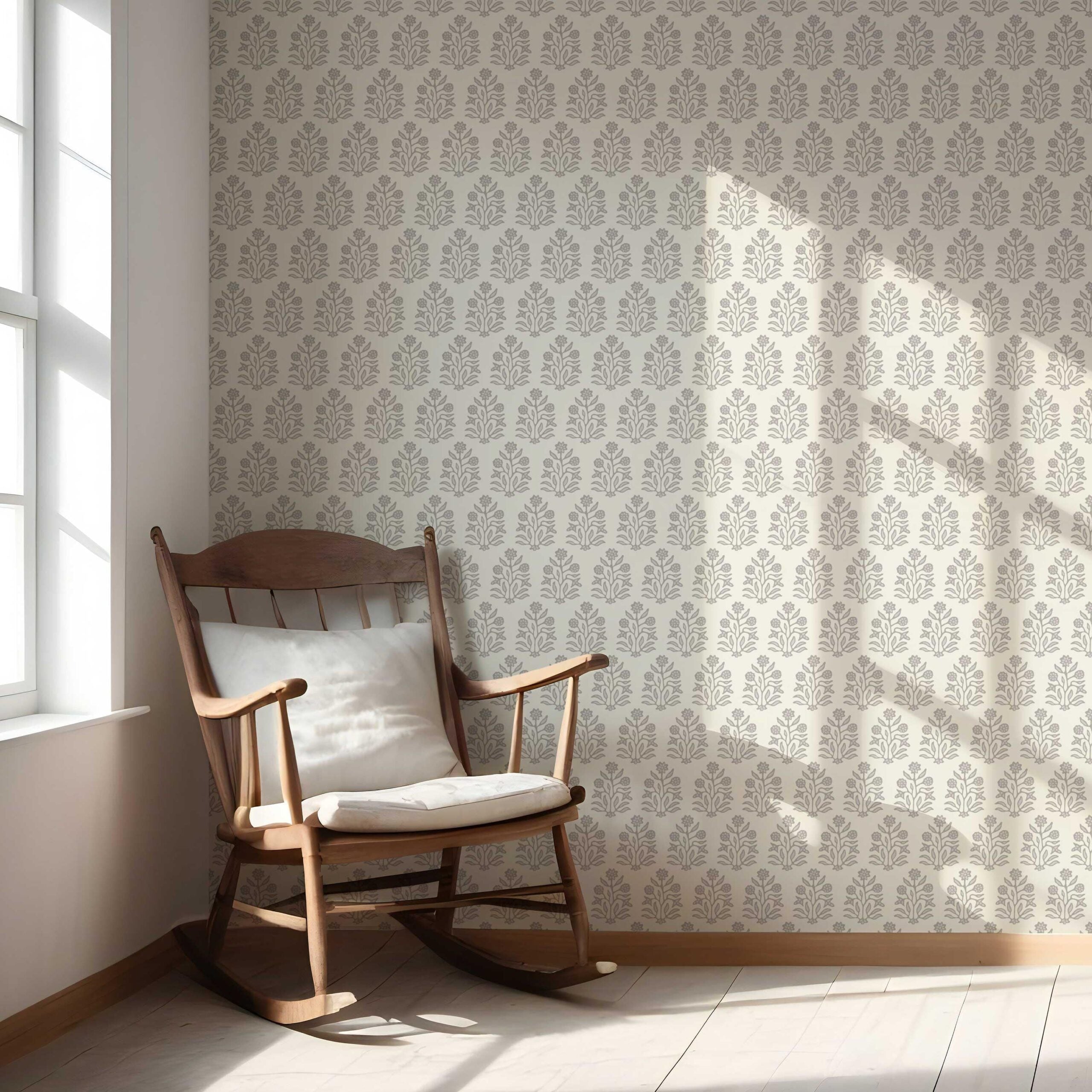 Neutral-Toned Botanical Floral Block Print Nursery Wallpaper Sample (Cream/ Gray/ Greige)