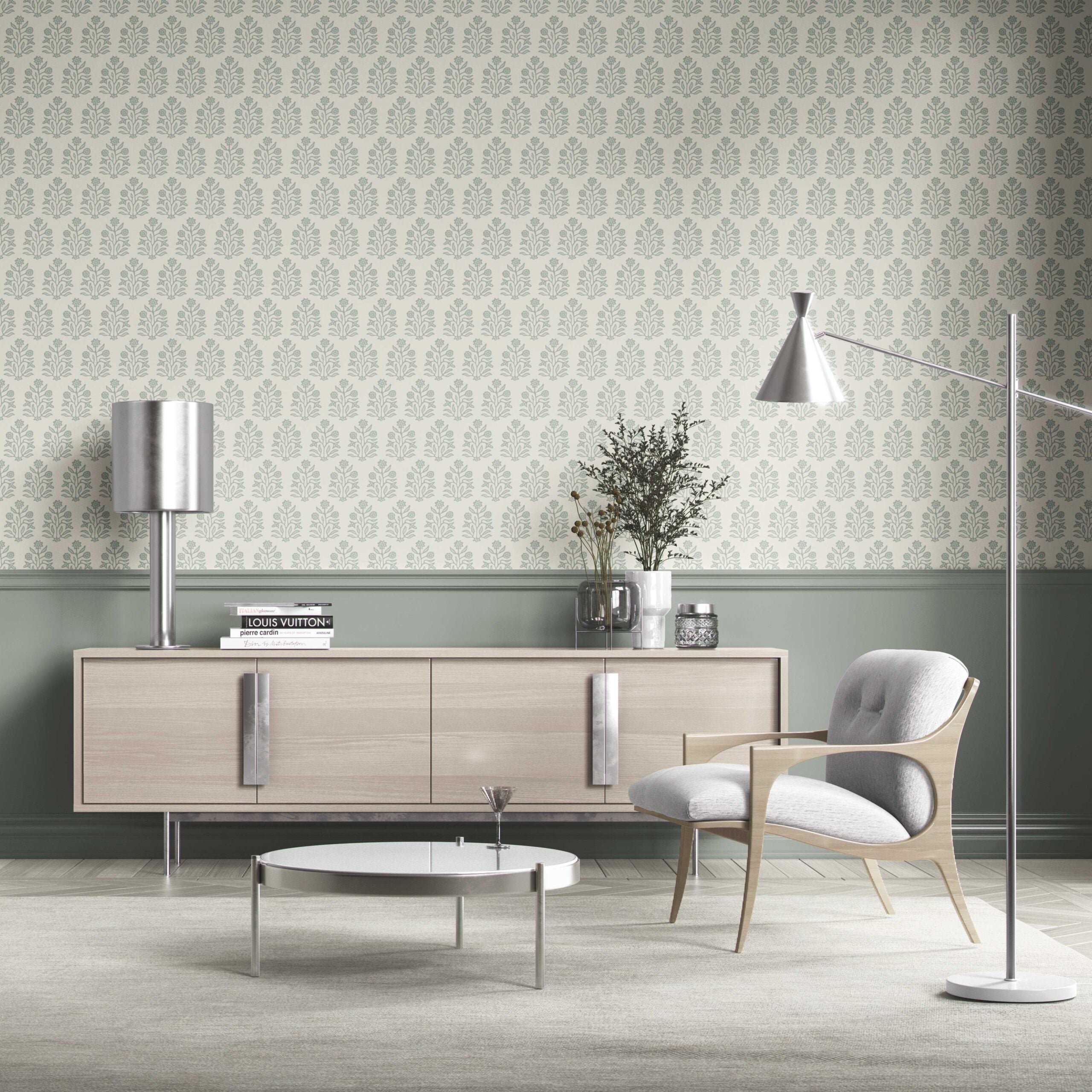 Vintage-Inspired Floral Block Print Kitchen Wallpaper (Cream/ Sage Green)