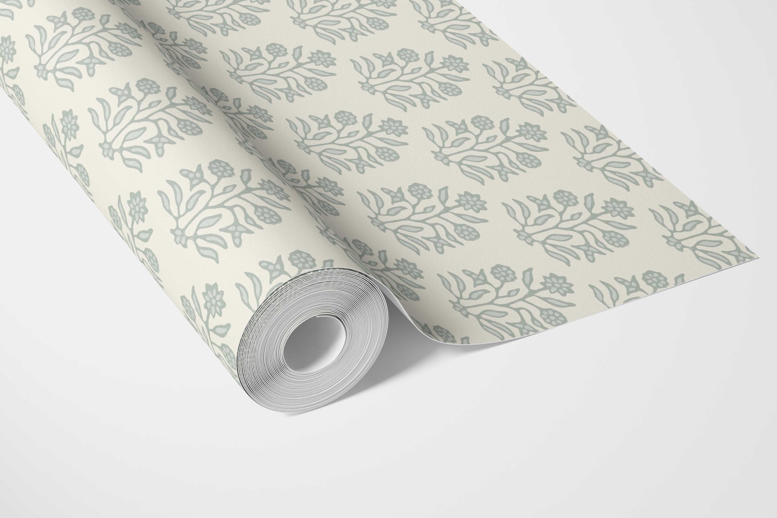 Vintage-Inspired Floral Block Print Bathroom Wallpaper (Cream/ Sage Green)