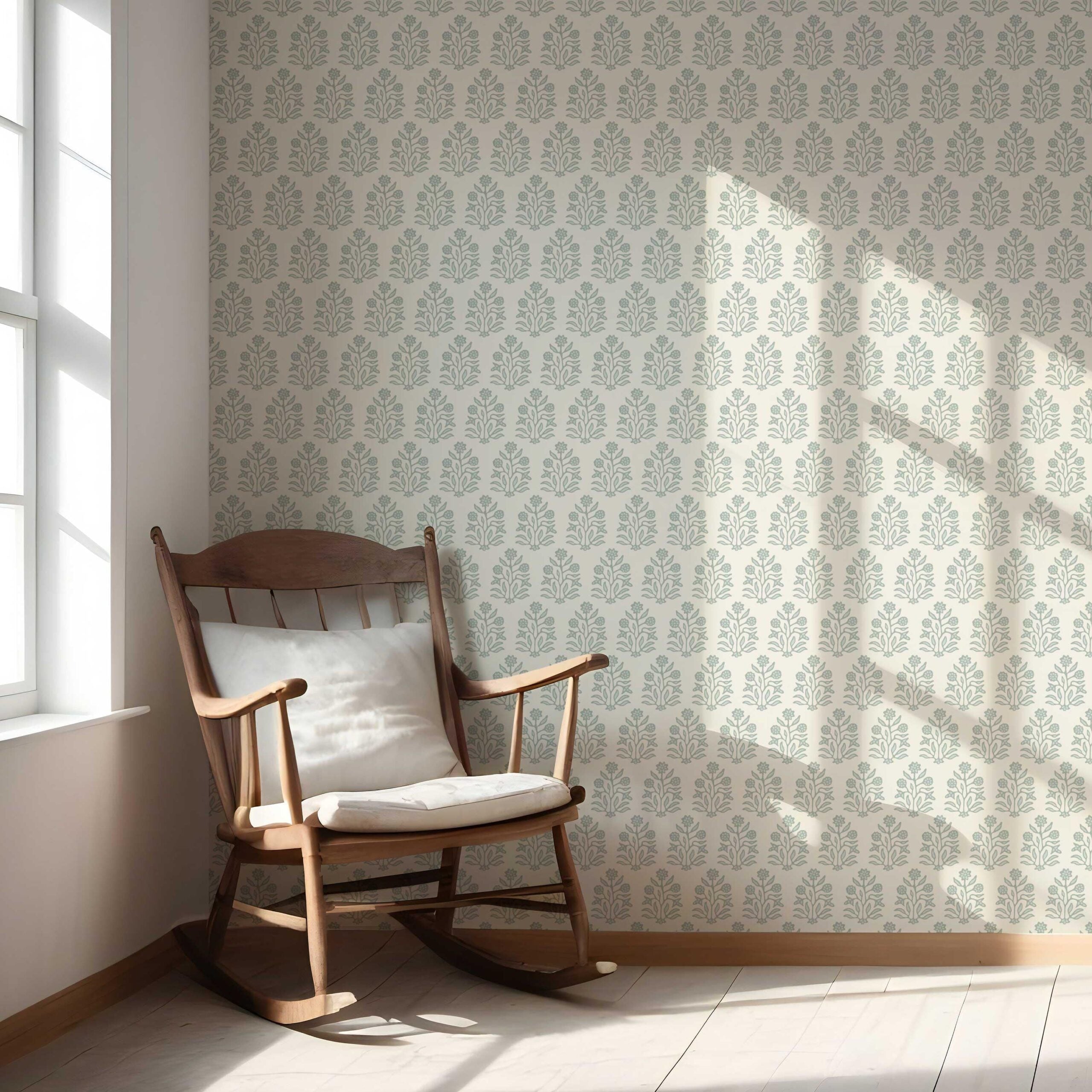 Vintage-Inspired Floral Block Print Nursery Wallpaper Sample (Cream/ Sage Green)
