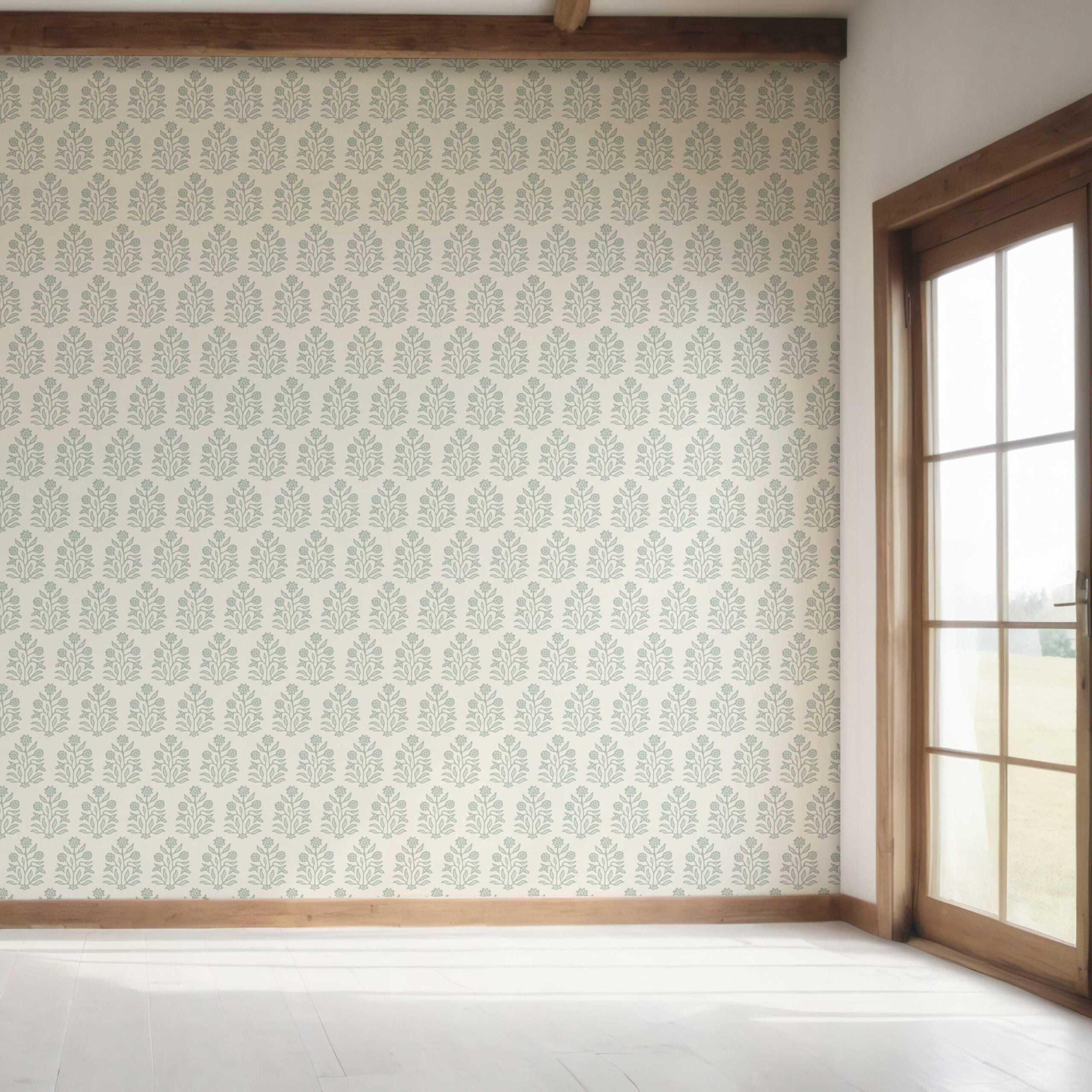 Vintage-Inspired Floral Block Print Bedroom Wallpaper (Cream/ Sage Green)