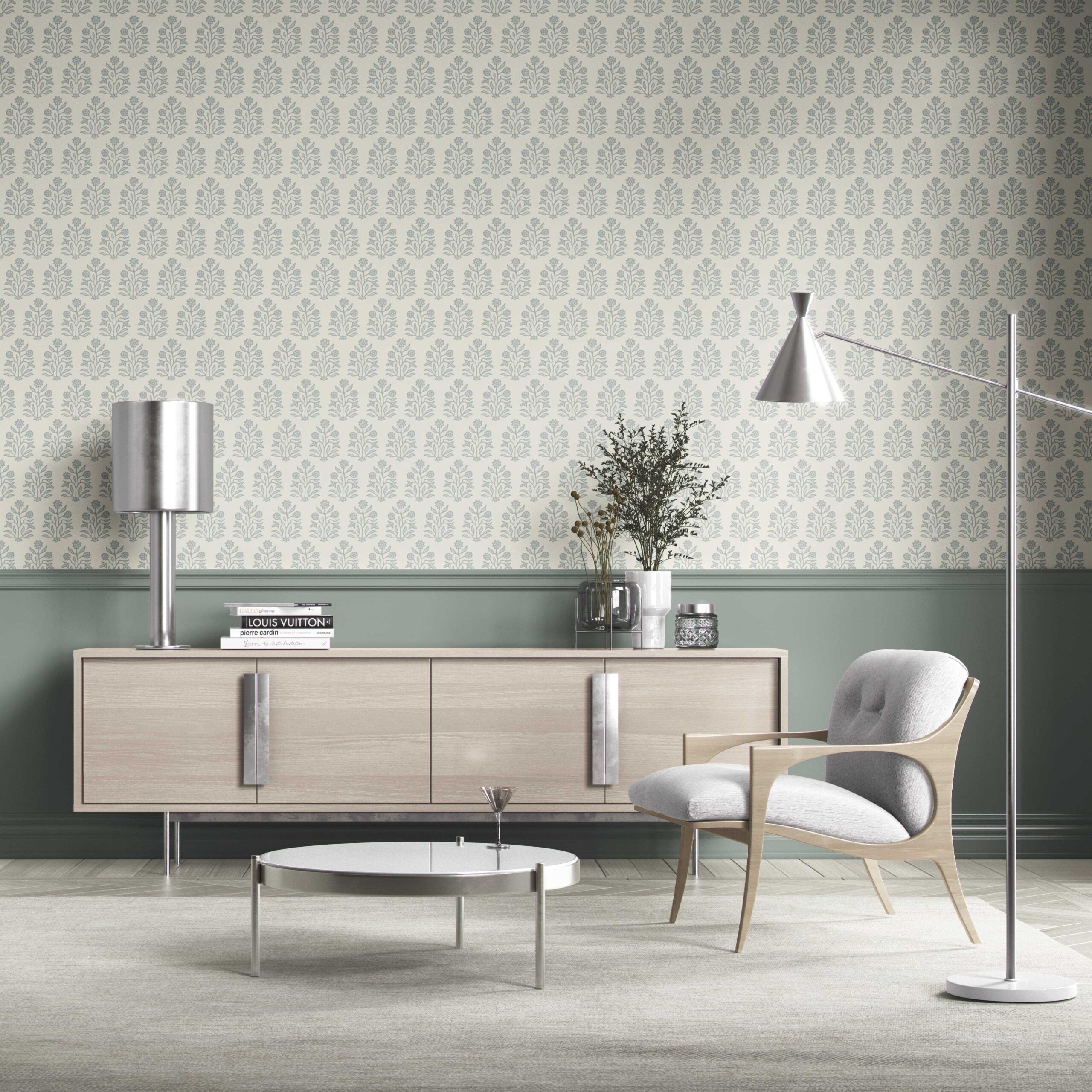 Vintage-Inspired Floral Block Print Kitchen Wallpaper (Cream/ Blue-Green)