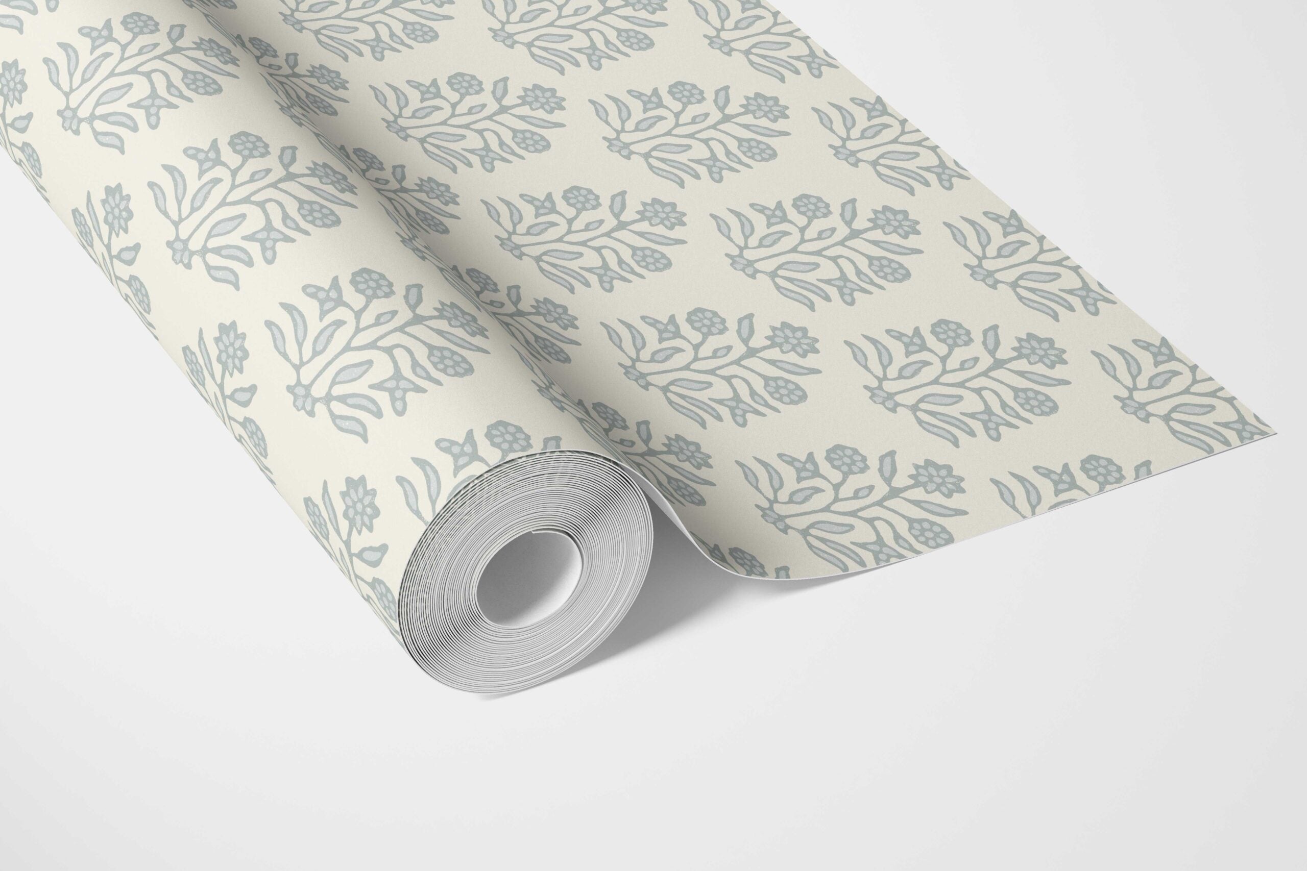Vintage-Inspired Floral Block Print Bathroom Wallpaper (Cream/ Blue-Green)