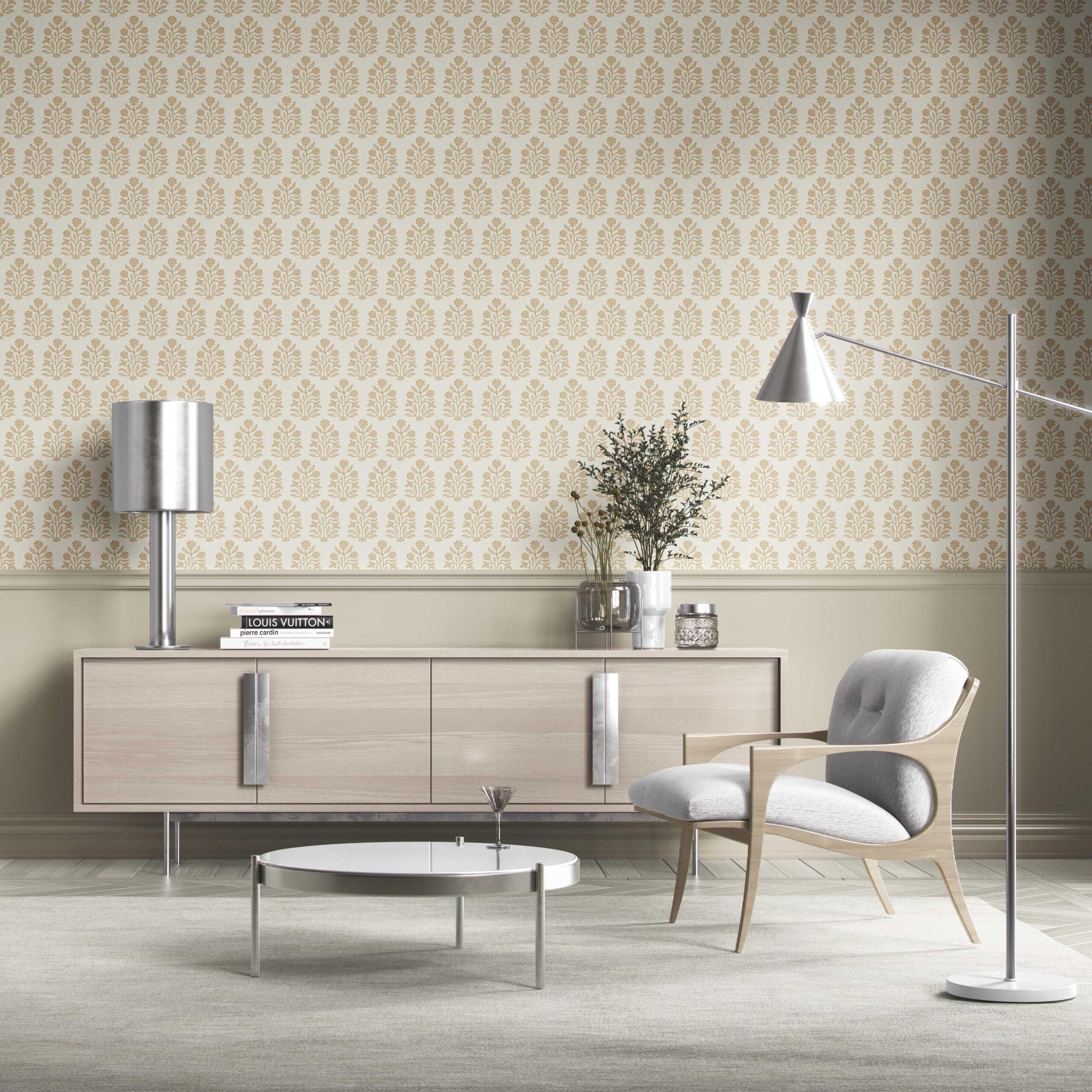 Neutral-Toned Botanical Floral Block Print Kitchen Wallpaper (Yellow/ Cream)