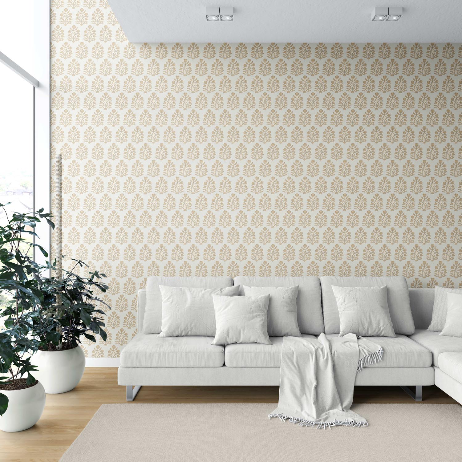 Neutral-Toned Botanical Floral Block Print Shower Toilet Wallpaper Sample (Yellow/ Cream)