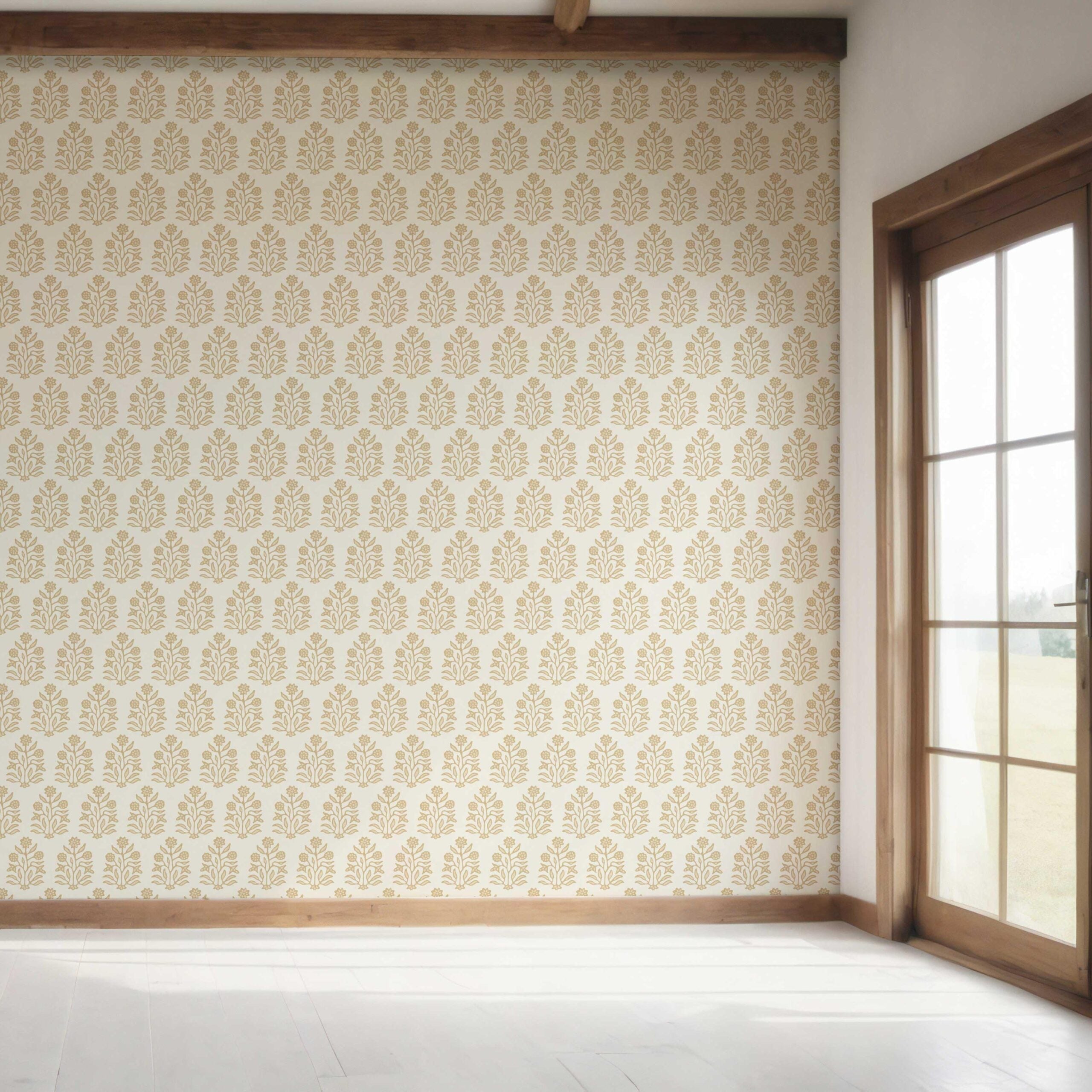 Neutral-Toned Botanical Floral Block Print Bedroom Wallpaper (Yellow/ Cream)