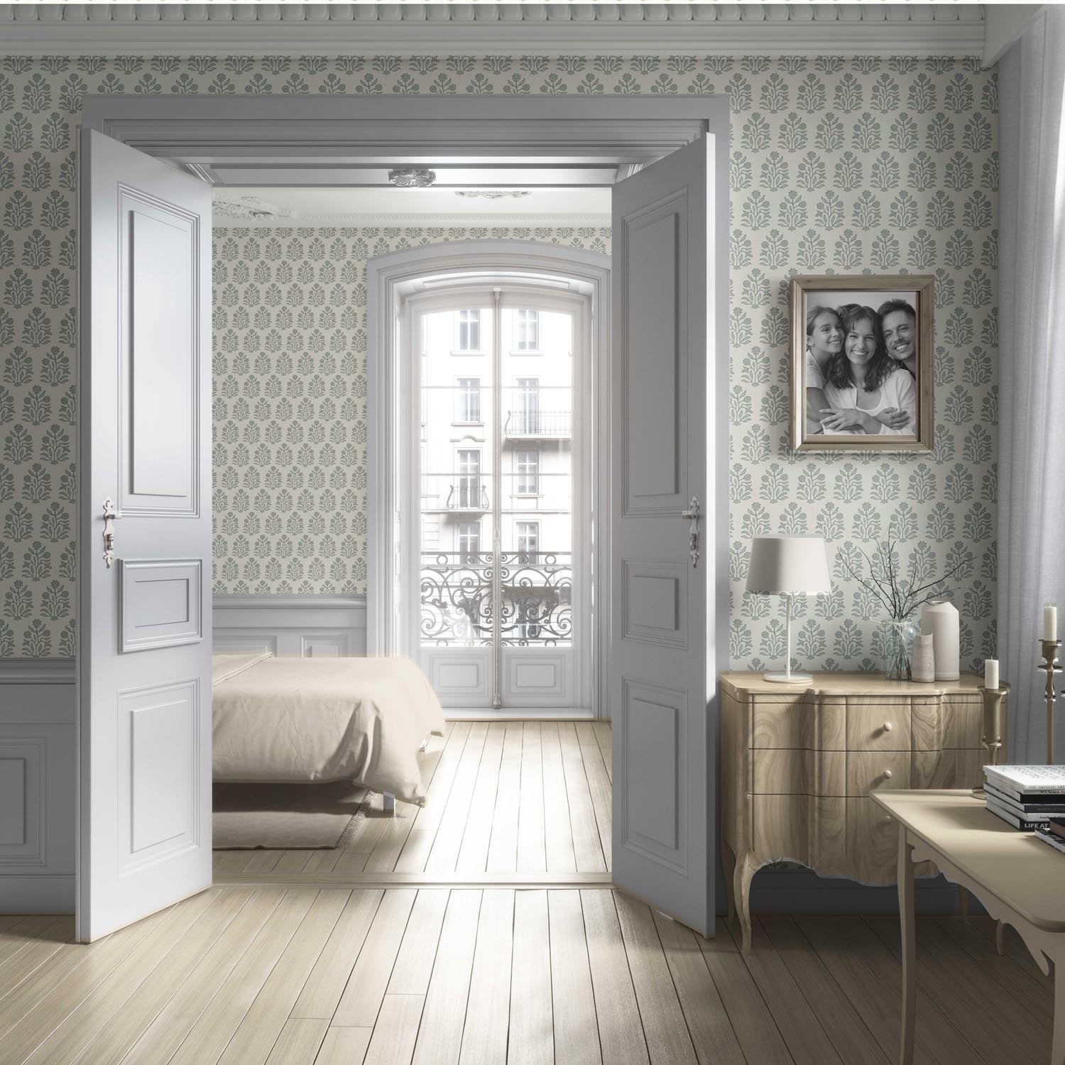 Neutral-Toned Botanical Floral Block Print Living Room Wallpaper Sample (Sage Gray/ Cream)