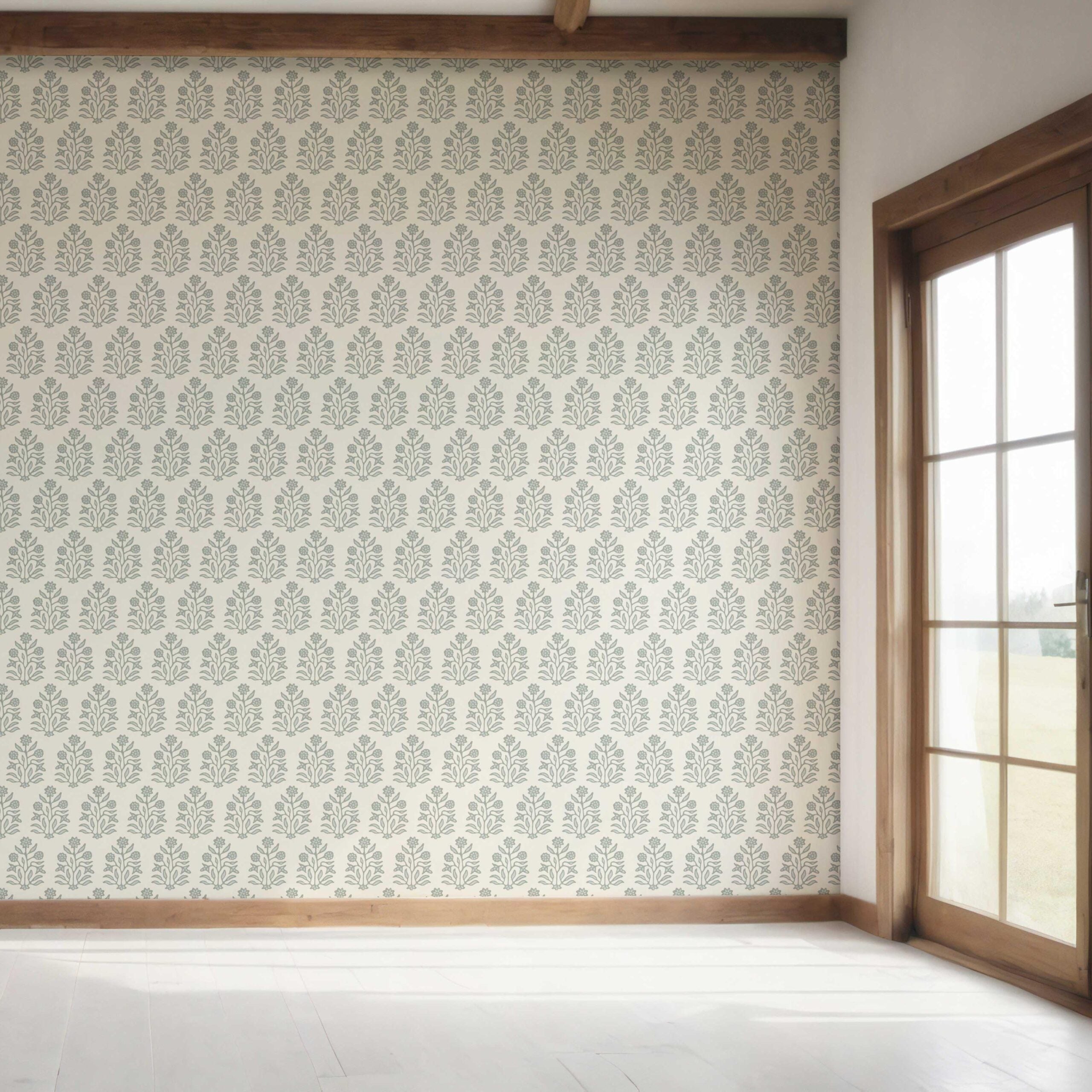 Neutral-Toned Botanical Floral Block Print Bedroom Wallpaper (Sage Gray/ Cream)