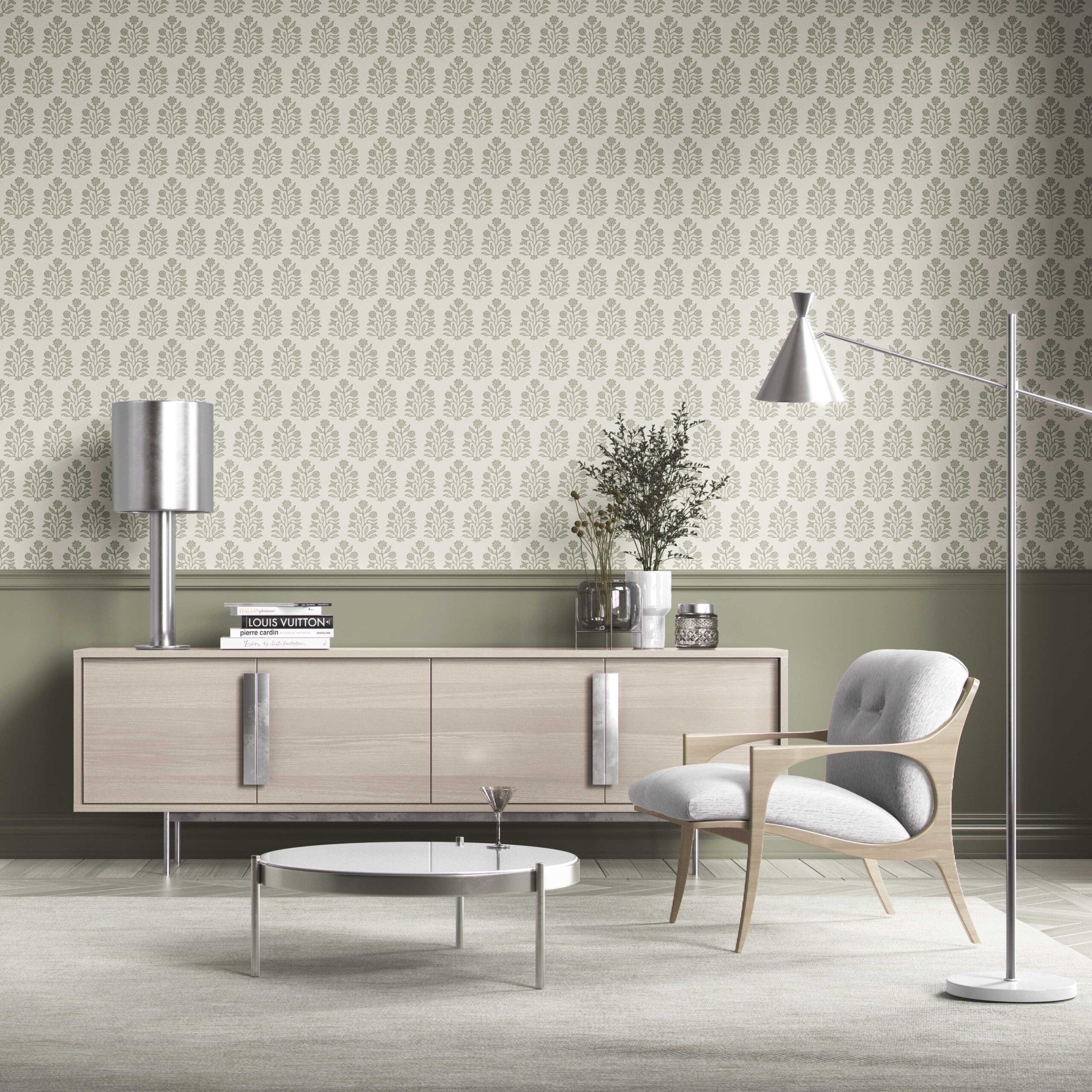 Vintage-Inspired Floral Block Print Kitchen Wallpaper Sample (Olive Green/ Cream)