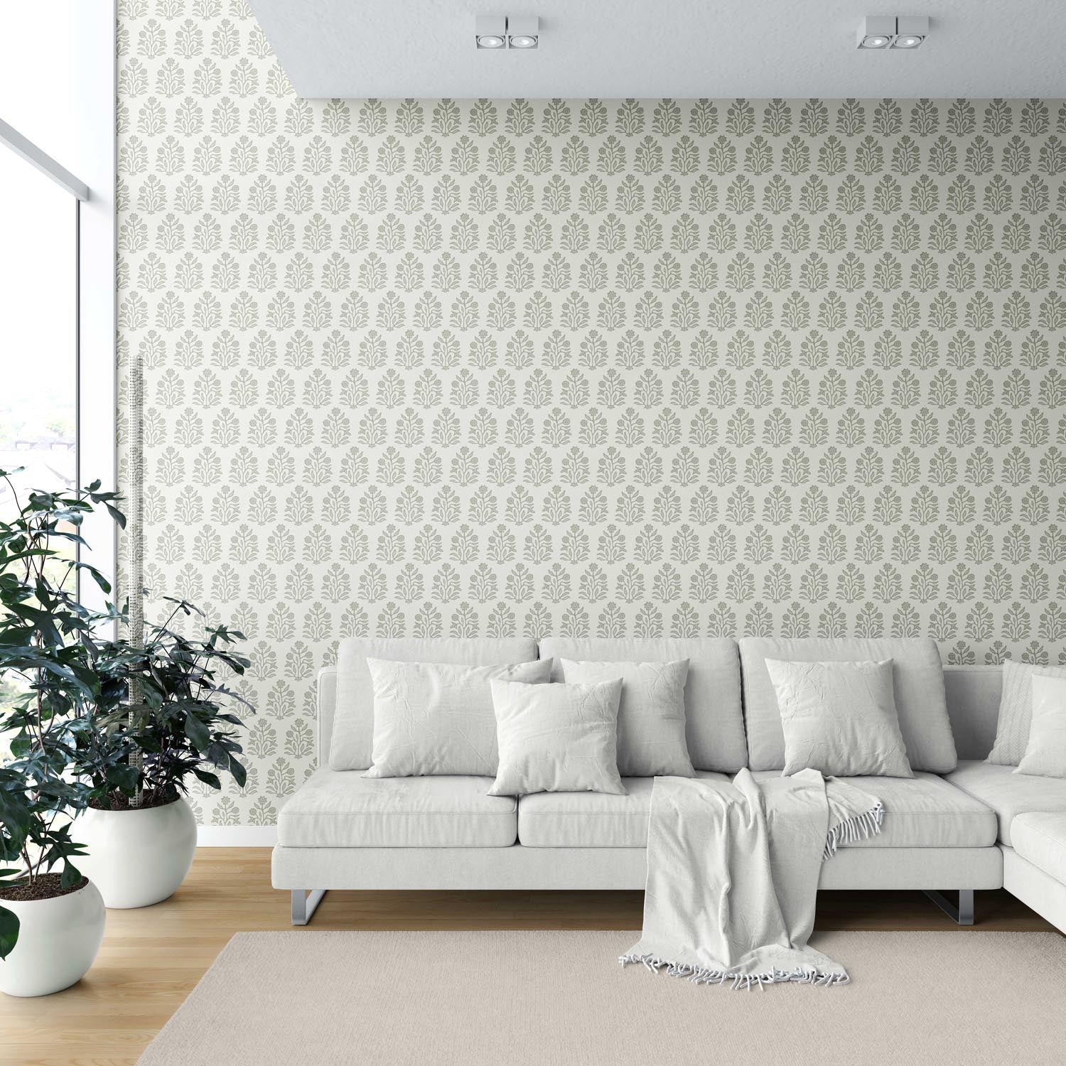 Vintage-Inspired Floral Block Print Shower Toilet Wallpaper Sample (Olive Green/ Cream)
