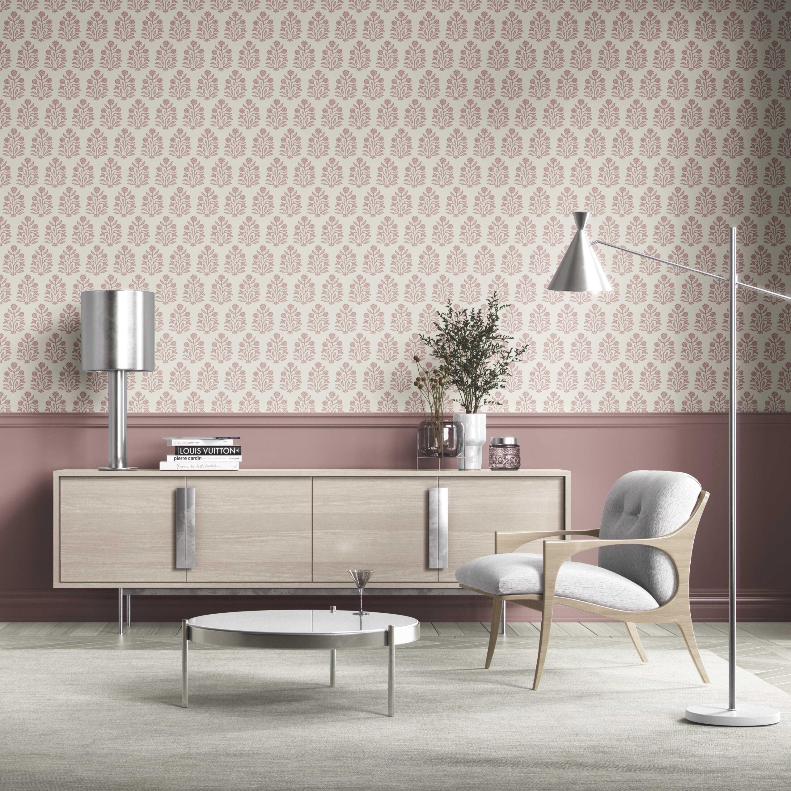 Vintage-Inspired Floral Block Print Kitchen Wallpaper Sample (Pink/ Cream)