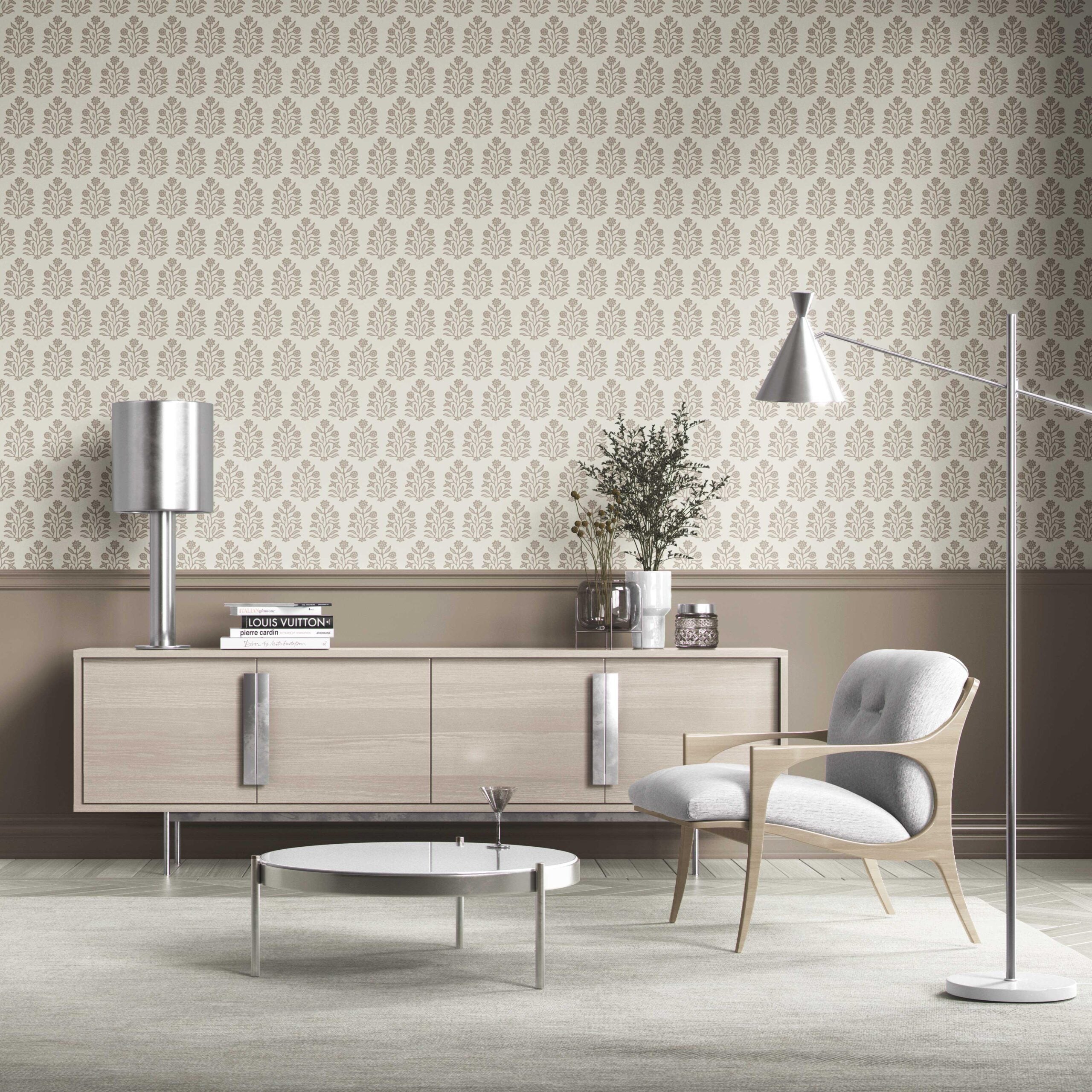 Neutral-Toned Botanical Floral Block Print Kitchen Wallpaper Sample (Brown/ Beige/ Cream)