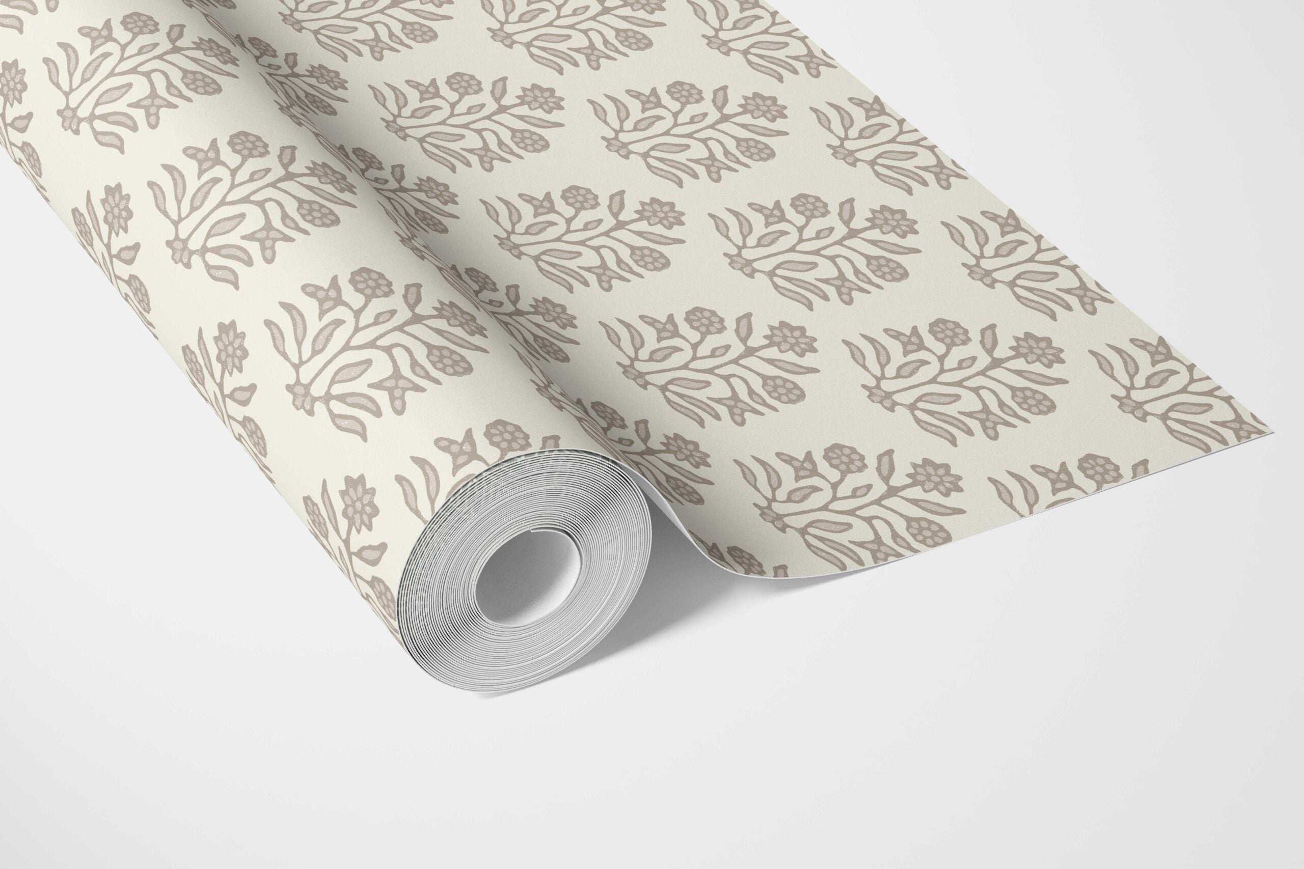 Neutral-Toned Botanical Floral Block Print Bathroom Wallpaper Sample (Brown/ Beige/ Cream)