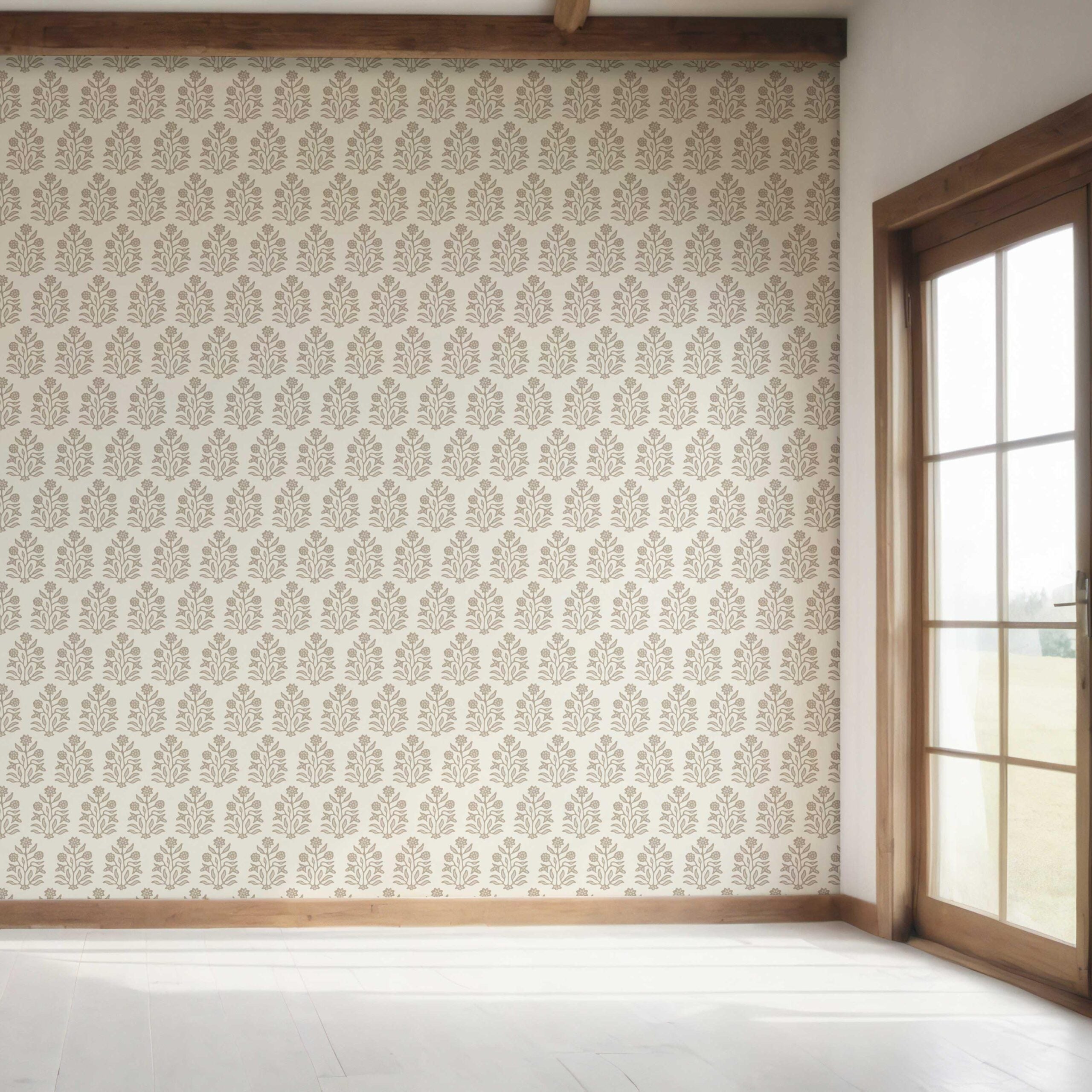 Neutral-Toned Botanical Floral Block Print Bedroom Wallpaper (Brown/ Beige/ Cream)