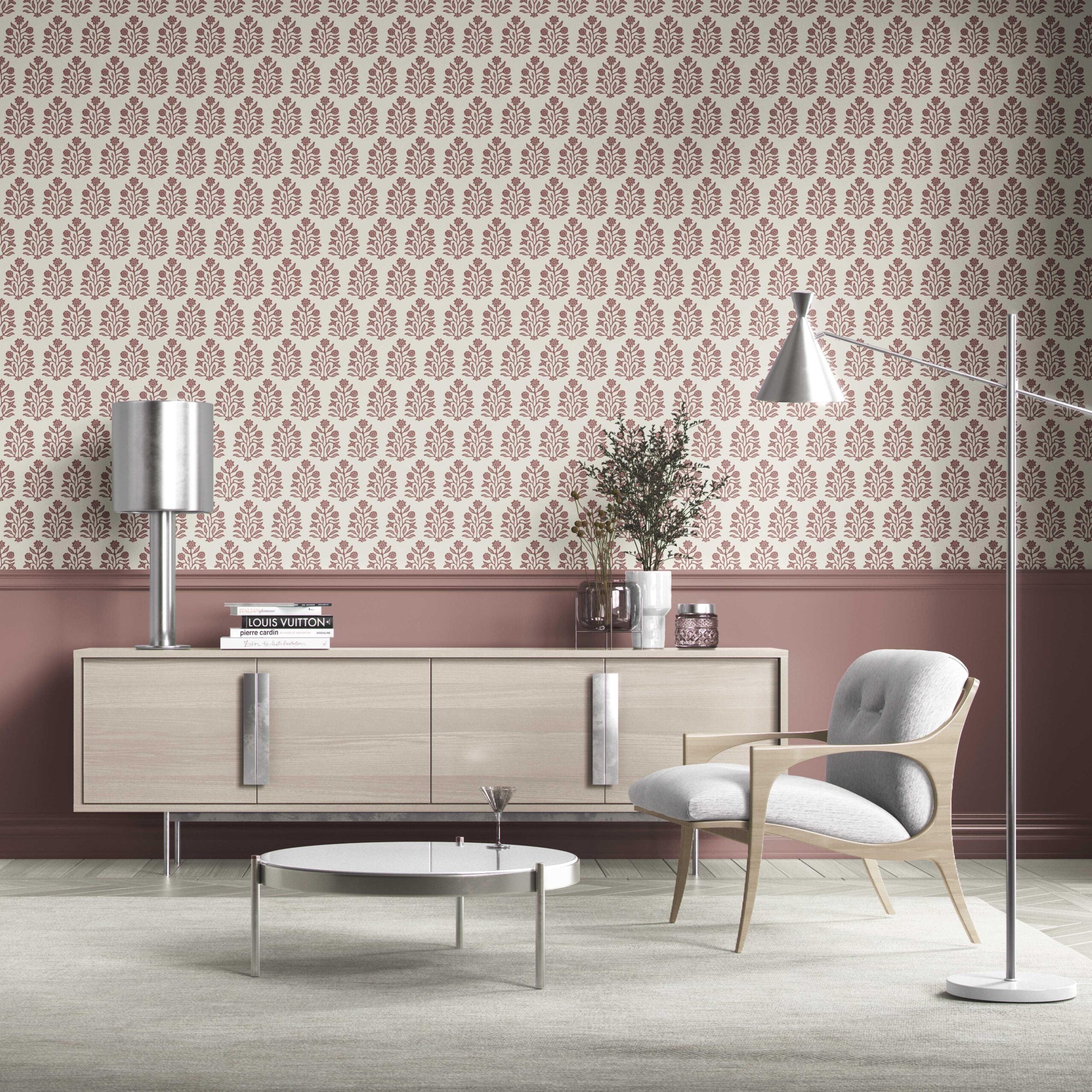 Vintage-Inspired Floral Block Print Kitchen Wallpaper Sample (Mauve Pink/ Cream)