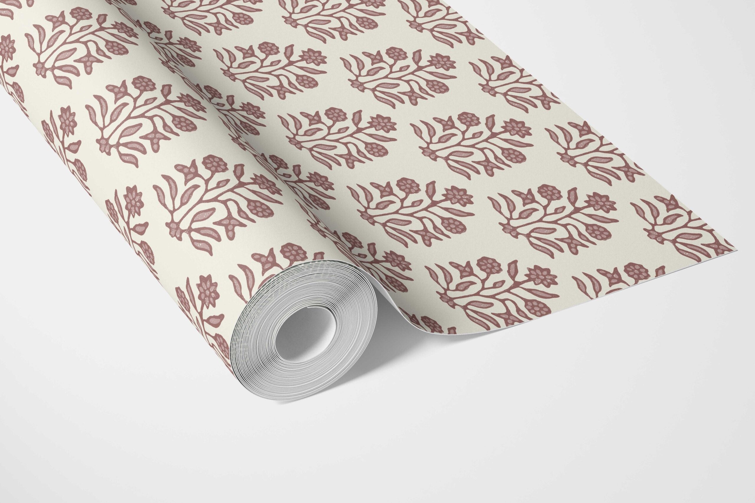 Vintage-Inspired Floral Block Print Bathroom Wallpaper Sample (Mauve Pink/ Cream)