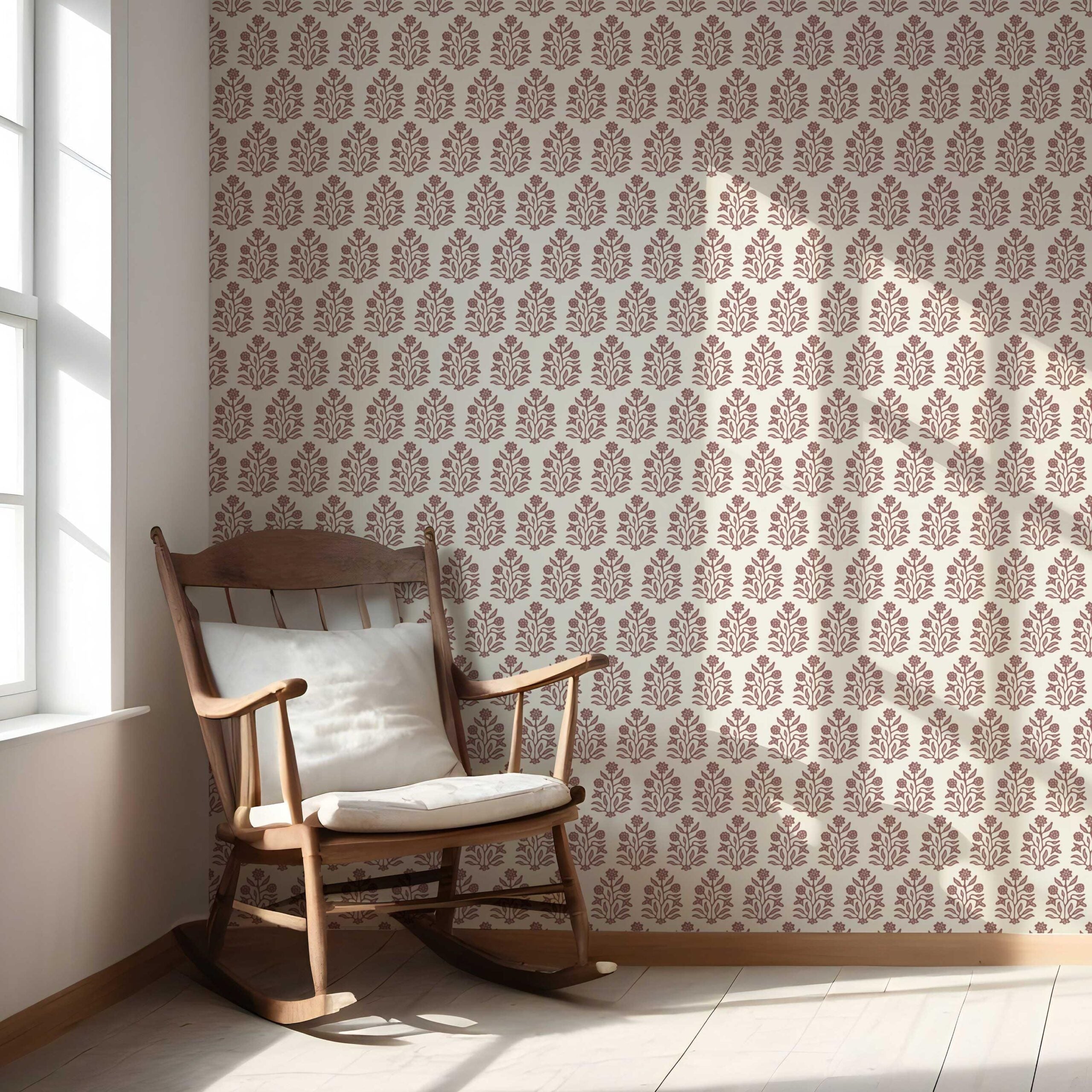 Vintage-Inspired Floral Block Print Nursery Wallpaper Sample (Mauve Pink/ Cream)