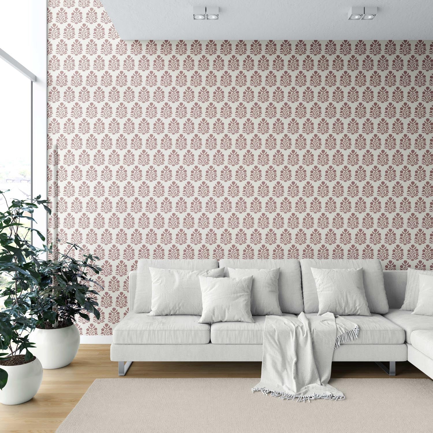 Vintage-Inspired Floral Block Print Shower Toilet Wallpaper Sample (Mauve Pink/ Cream)