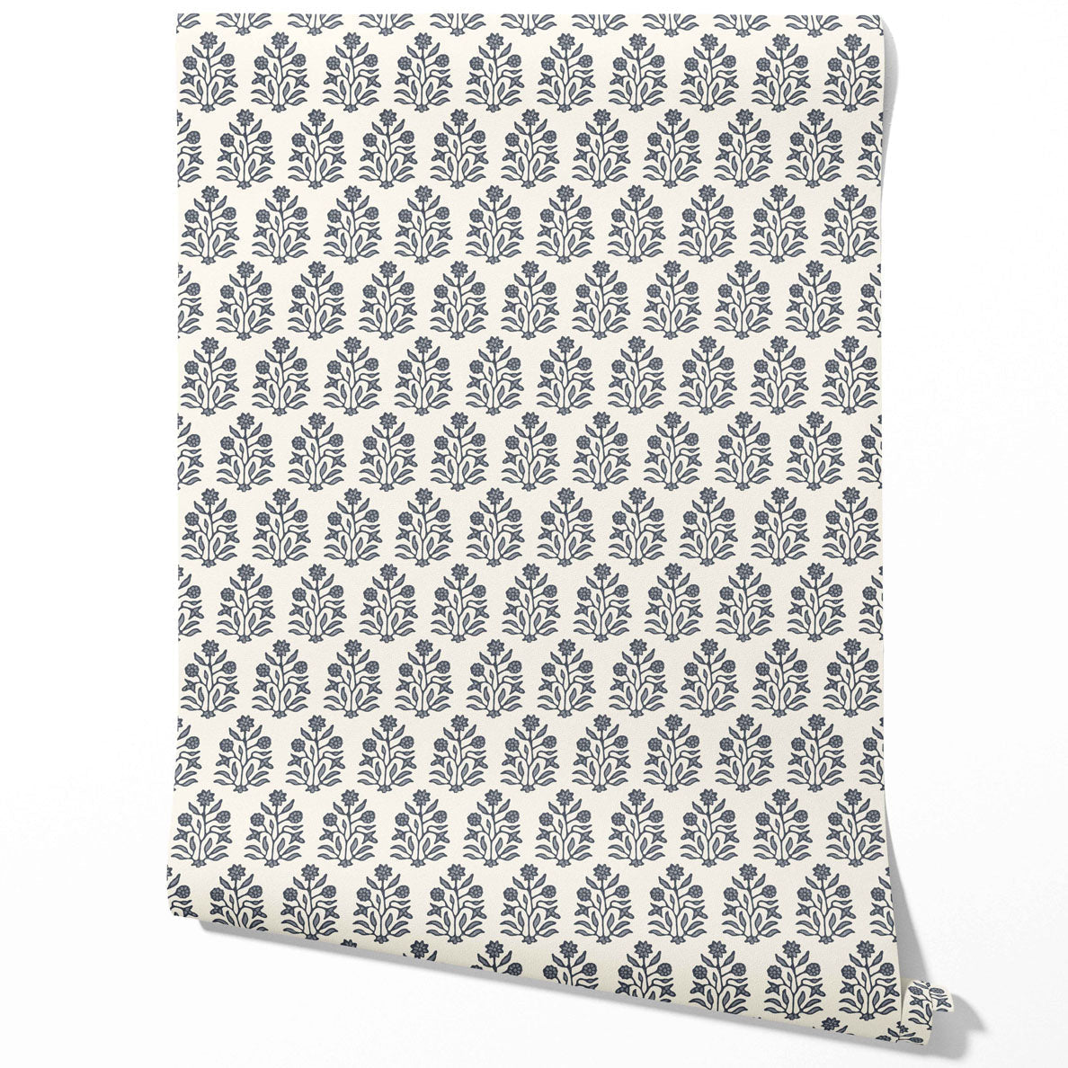 Vintage-Inspired Floral Block Print Traditional Wallpaper Sample (Navy Blue/ Cream)