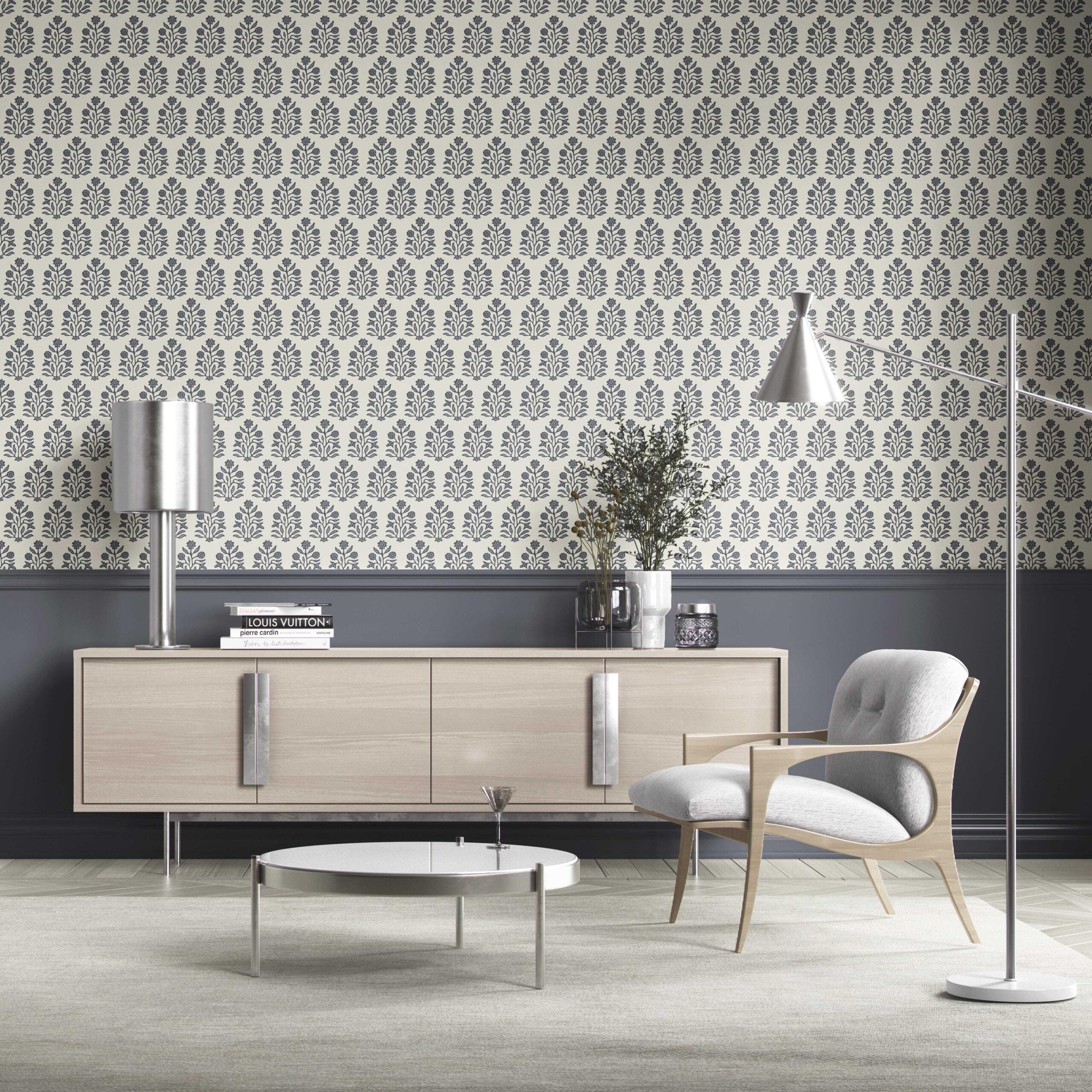 Vintage-Inspired Floral Block Print Kitchen Wallpaper Sample (Navy Blue/ Cream)