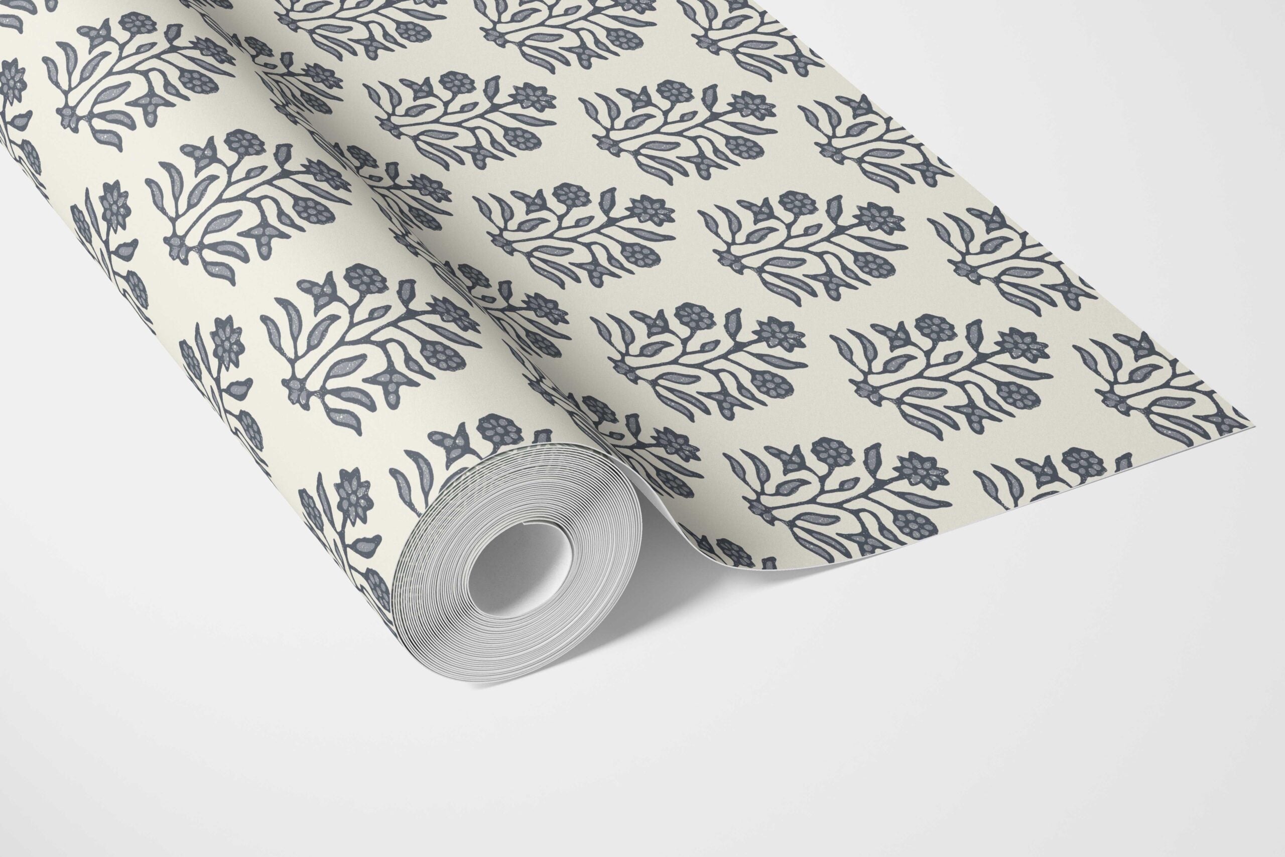 Vintage-Inspired Floral Block Print Bathroom Wallpaper Sample (Navy Blue/ Cream)