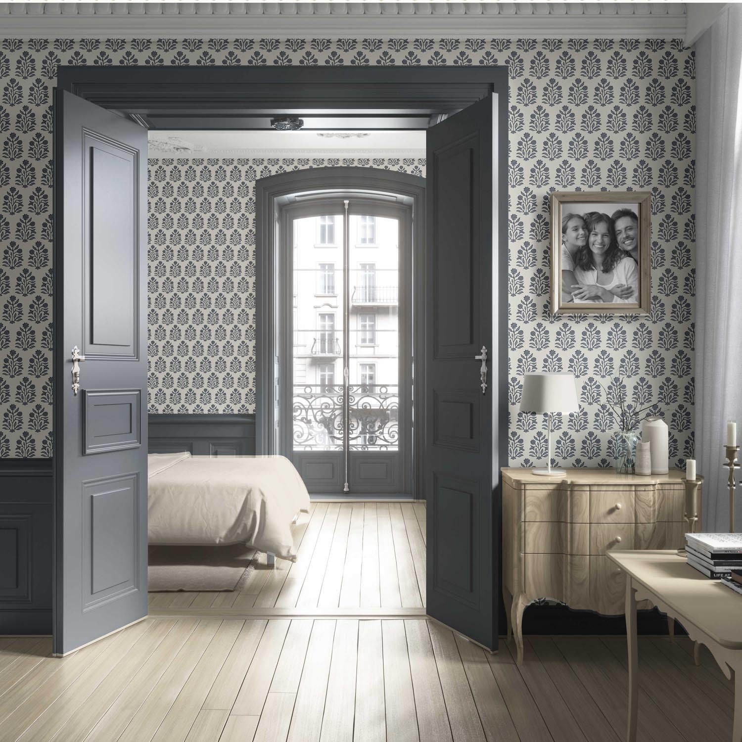 Vintage-Inspired Floral Block Print Living Room Wallpaper Sample (Navy Blue/ Cream)