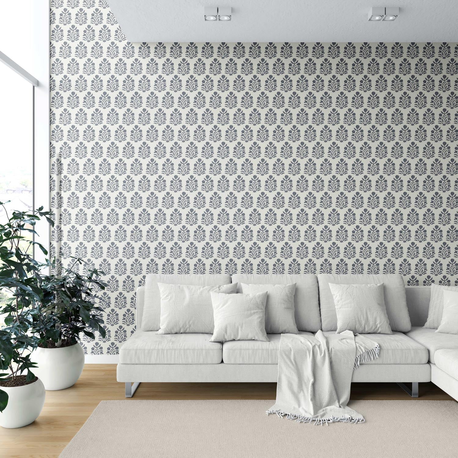 Vintage-Inspired Floral Block Print Shower Toilet Wallpaper Sample (Navy Blue/ Cream)