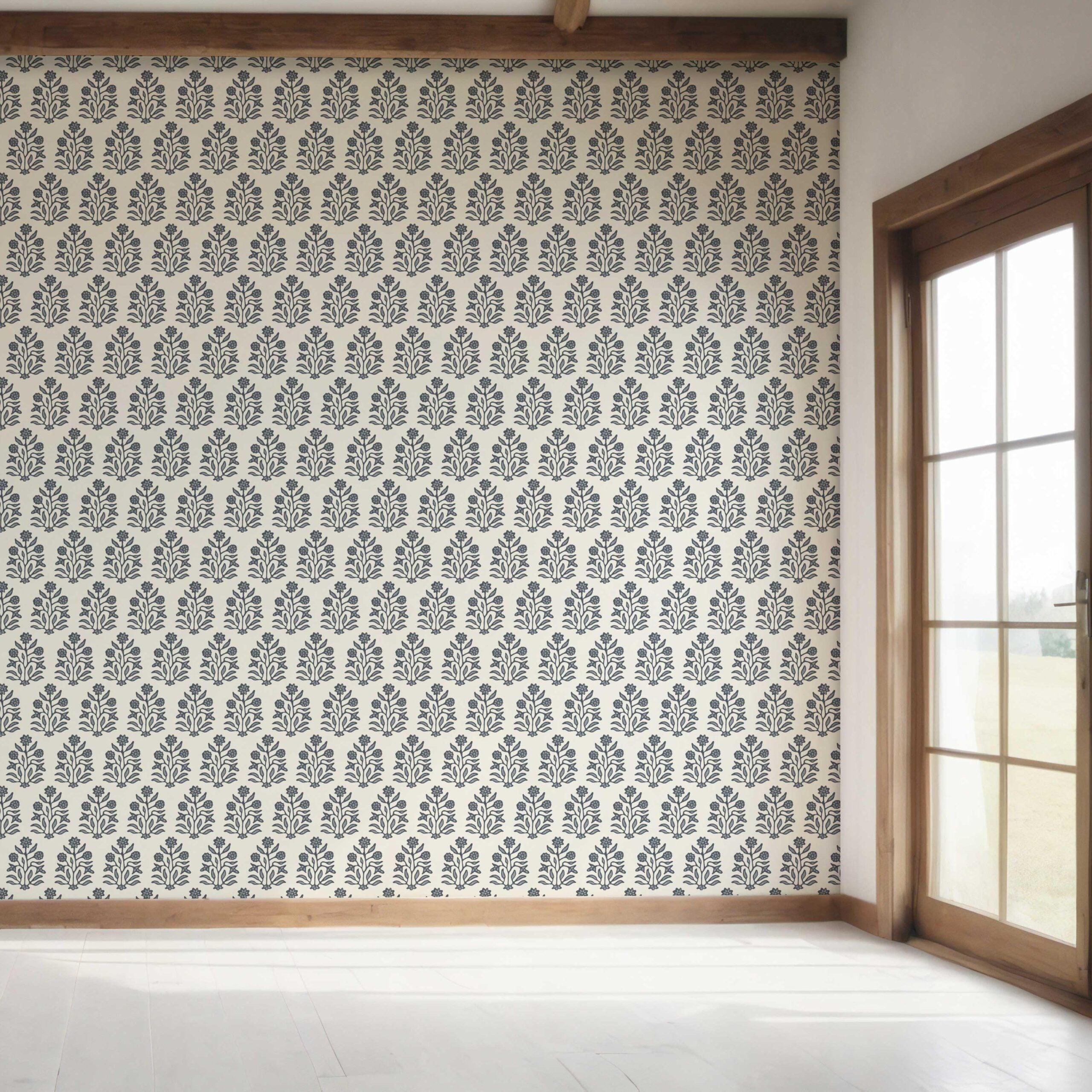 Vintage-Inspired Floral Block Print Bedroom Wallpaper Sample (Navy Blue/ Cream)
