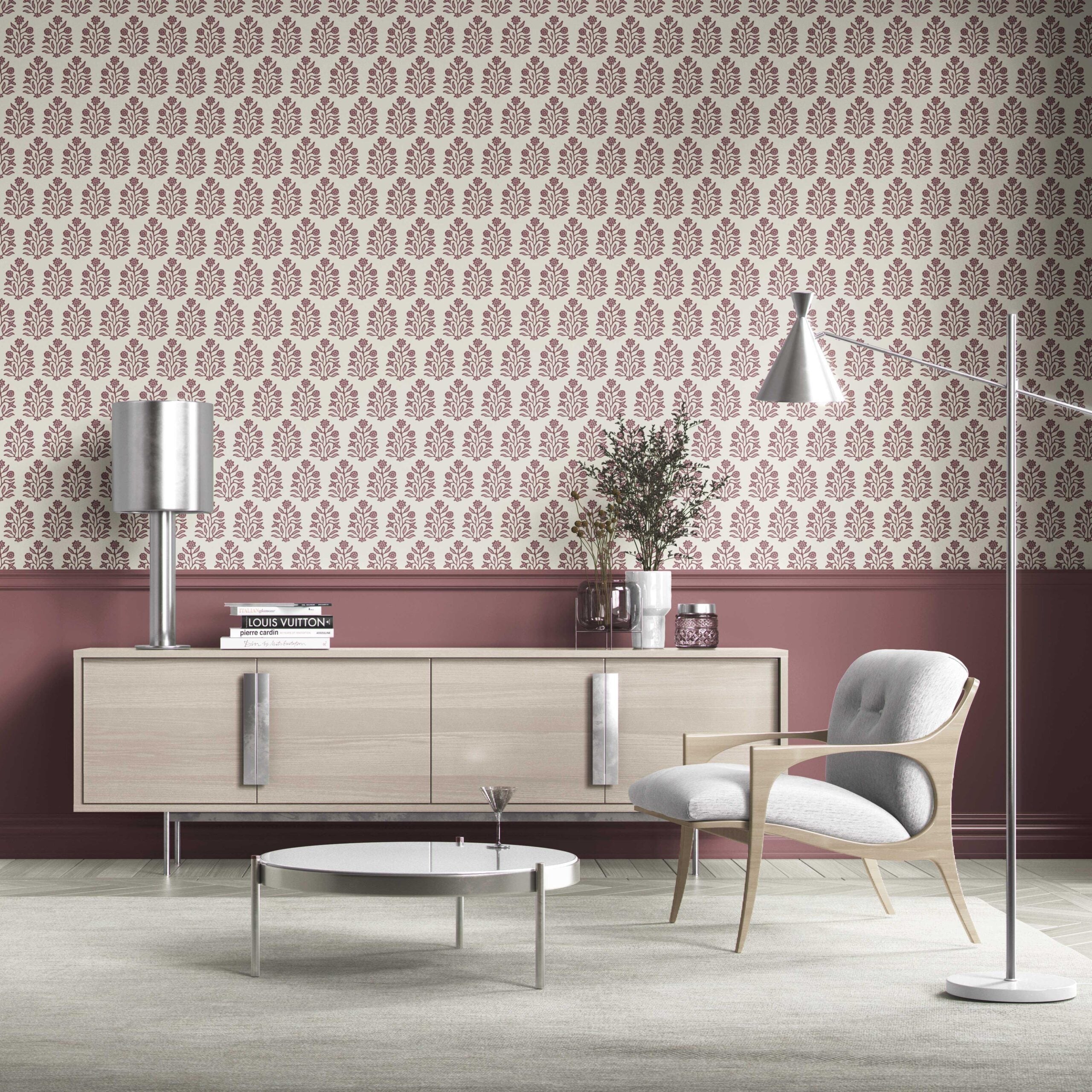 Vintage-Inspired Floral Block Print Kitchen Wallpaper Sample (Deep Pink/ Cream)