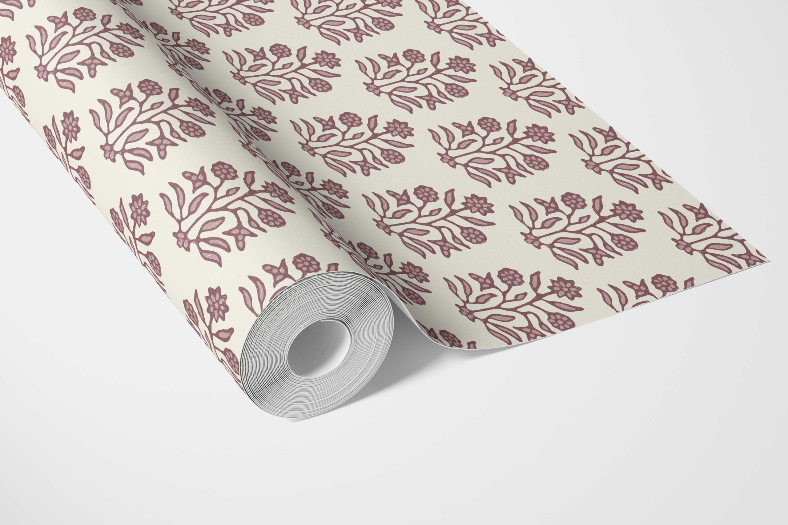 Vintage-Inspired Floral Block Print Bathroom Wallpaper Sample (Deep Pink/ Cream)