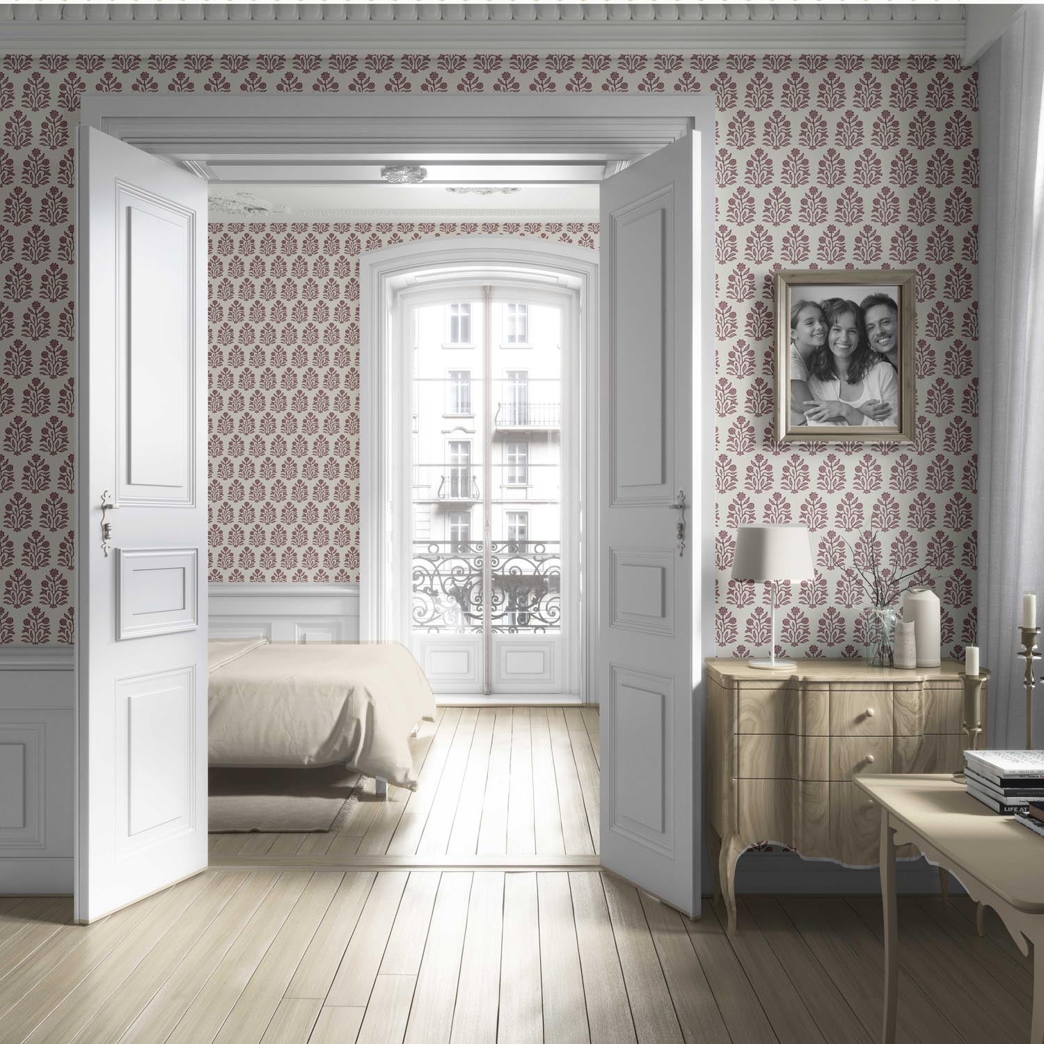 Vintage-Inspired Floral Block Print Living Room Wallpaper Sample (Deep Pink/ Cream)