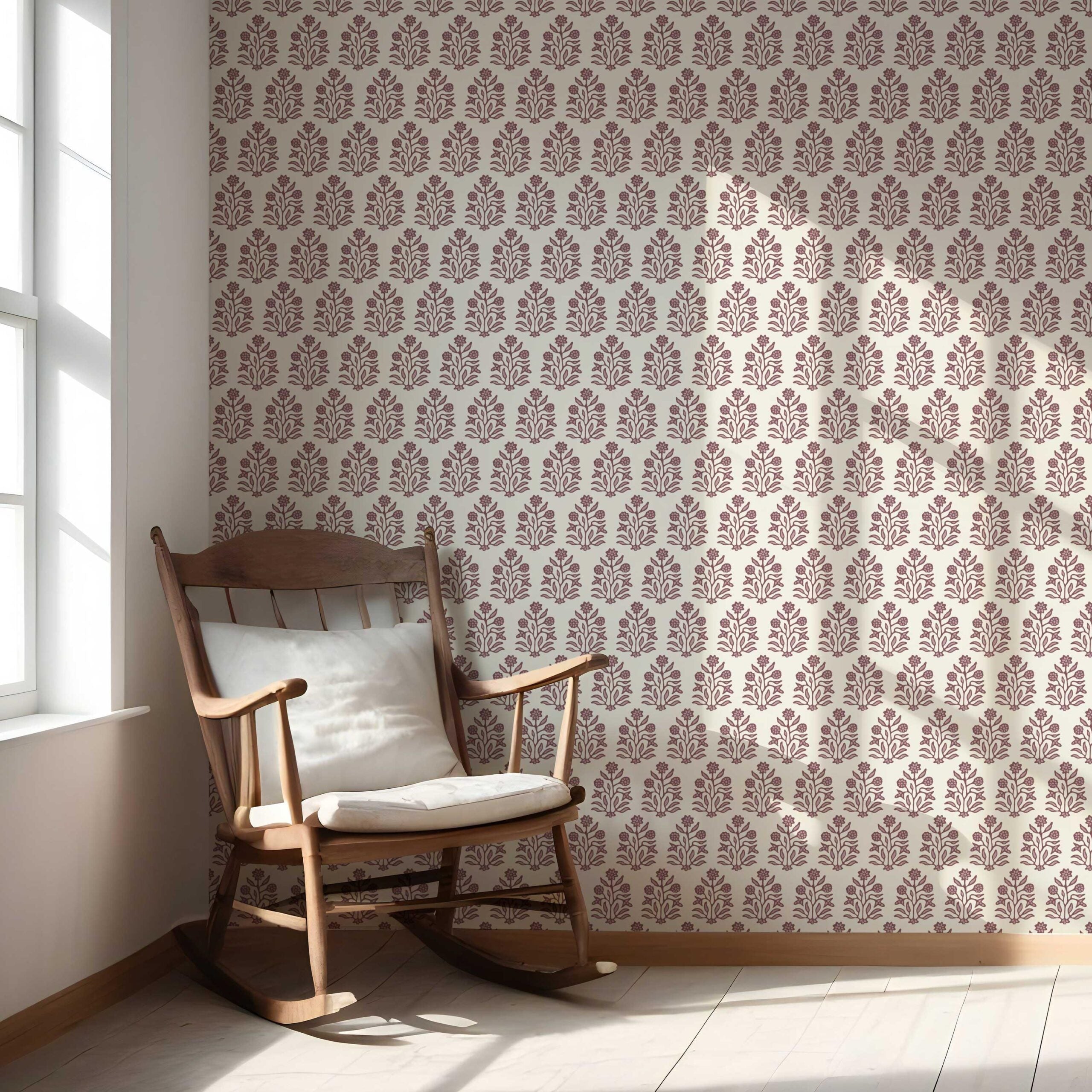 Vintage-Inspired Floral Block Print Nursery Wallpaper Sample (Deep Pink/ Cream)