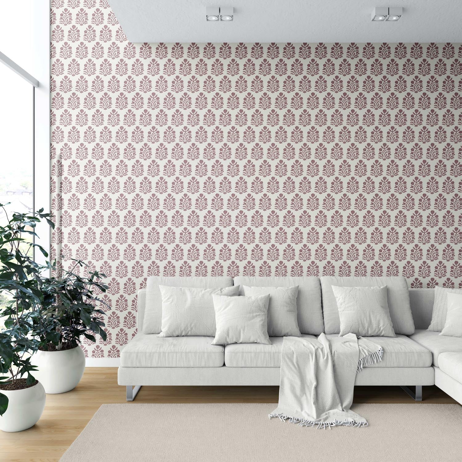 Vintage-Inspired Floral Block Print Shower Toilet Wallpaper Sample (Deep Pink/ Cream)