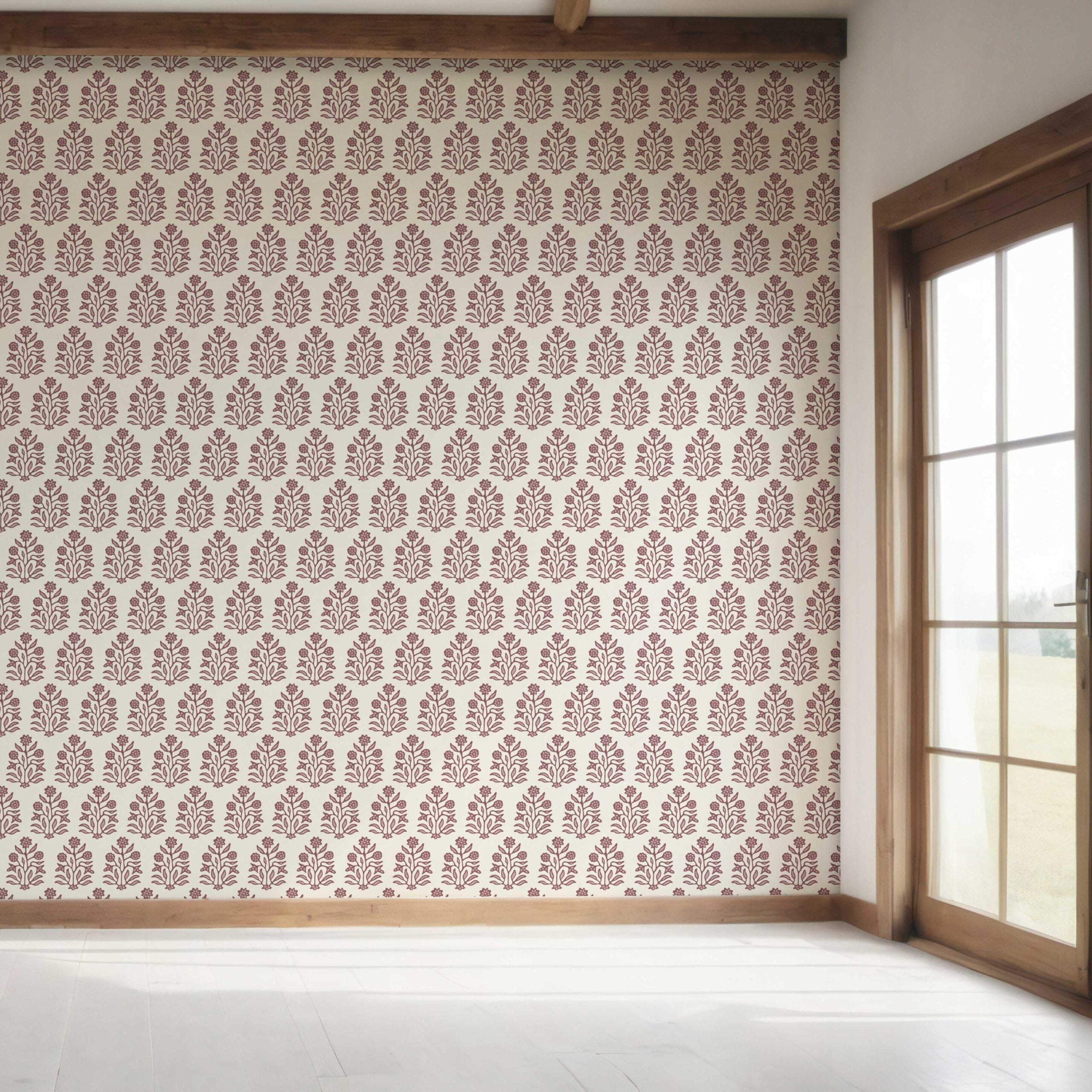 Vintage-Inspired Floral Block Print Bedroom Wallpaper Sample (Deep Pink/ Cream)